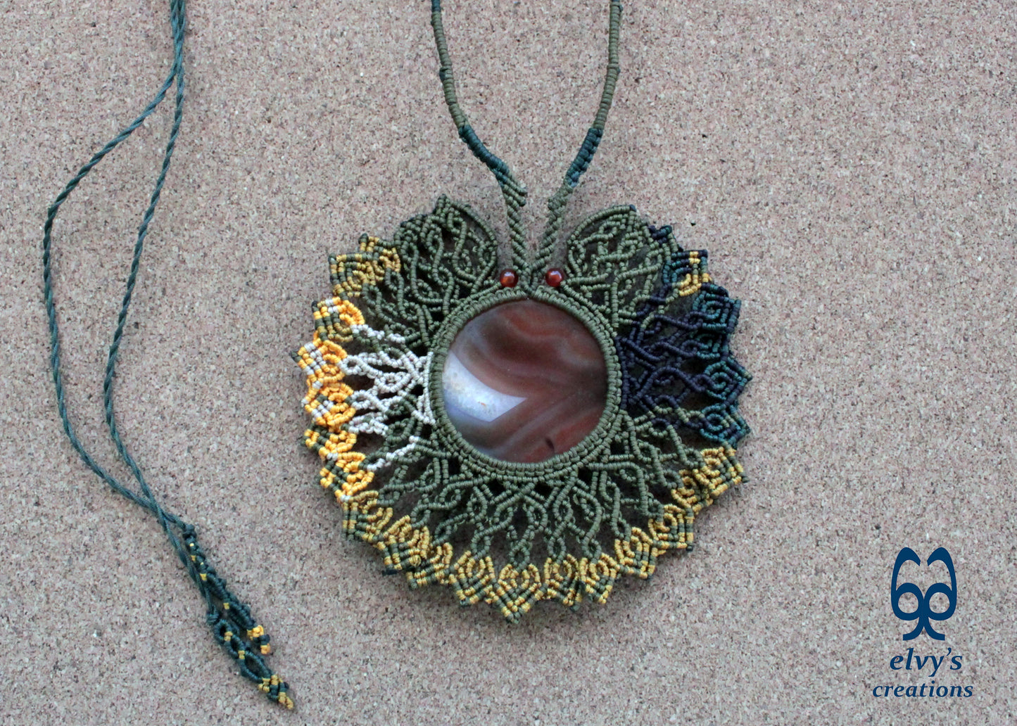 Gold Macrame Necklace with orange Carnelian Gemstones Macrame Pendant