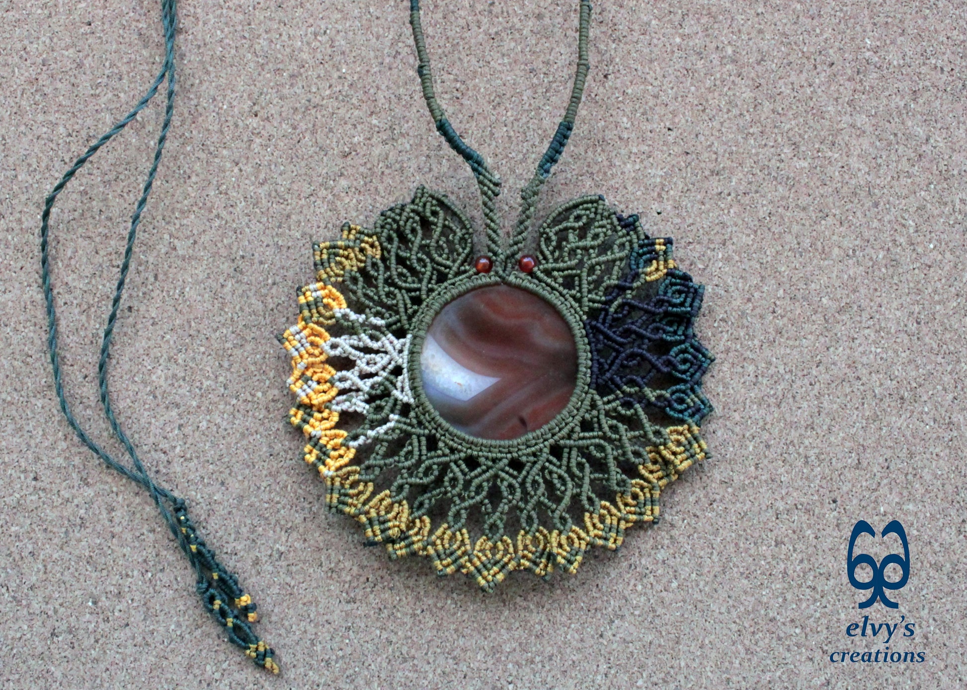 Gold Macrame Necklace with orange Carnelian Gemstones Macrame Pendant