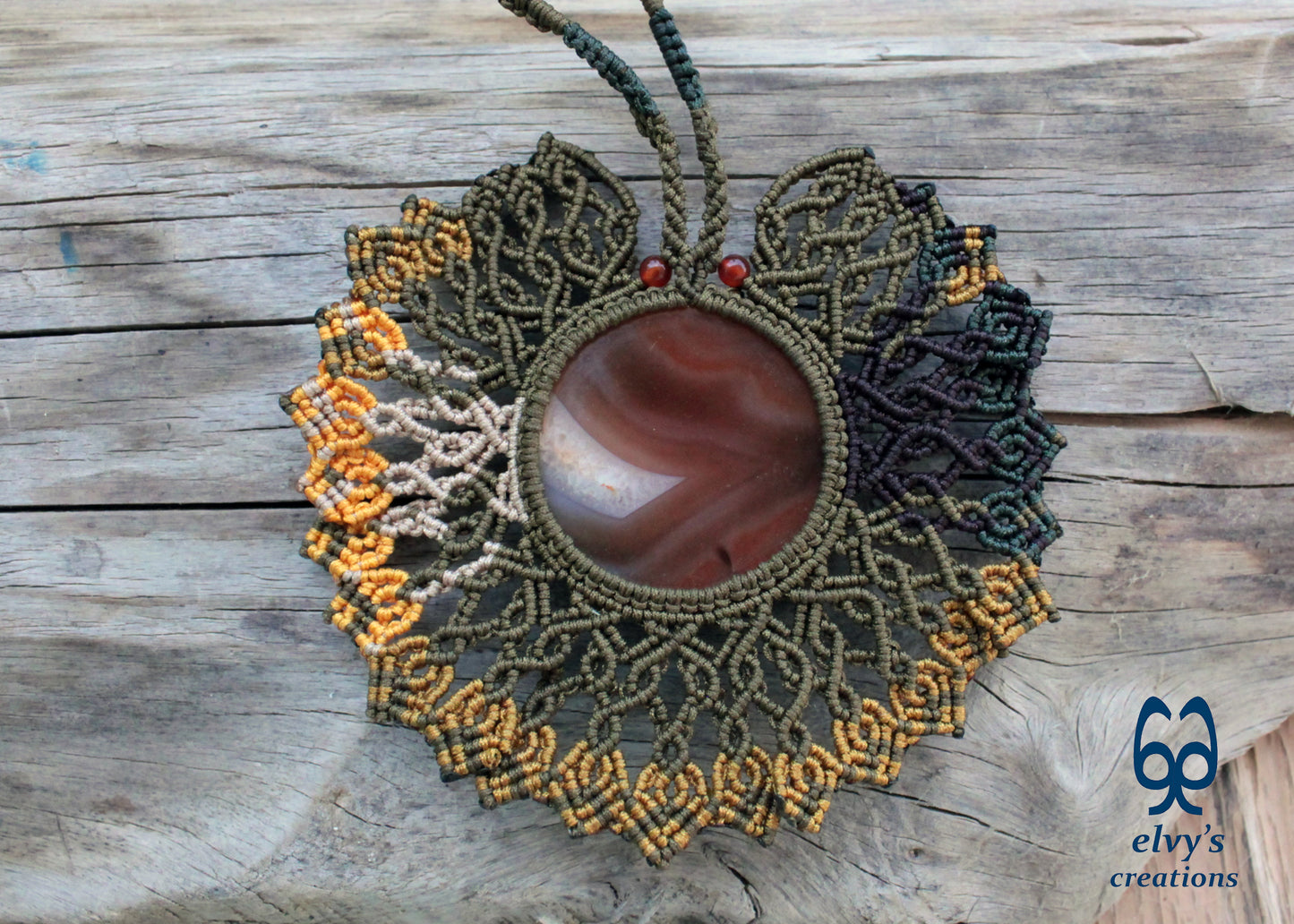 Gold Macrame Necklace with orange Carnelian Gemstones Macrame Pendant