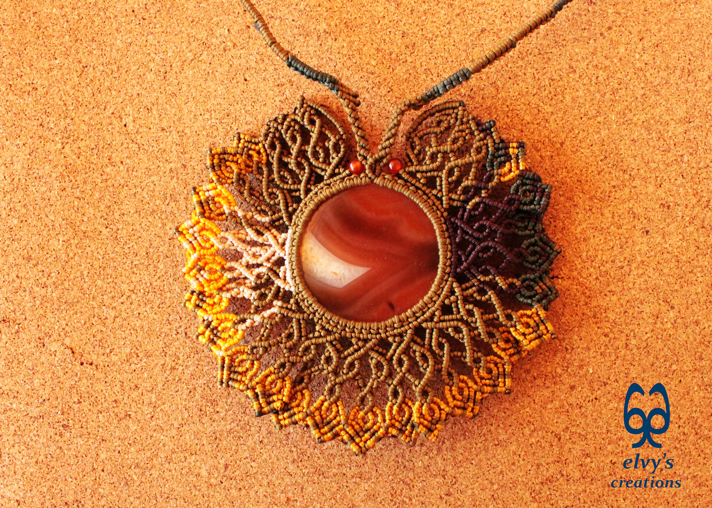 Gold Macrame Necklace with orange Carnelian Gemstones Macrame Pendant