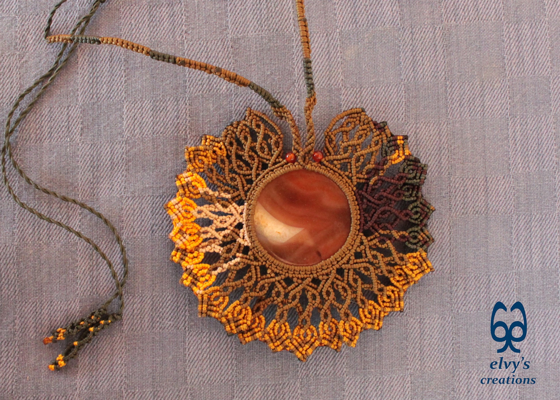 Gold Macrame Necklace with orange Carnelian Gemstones Macrame Pendant