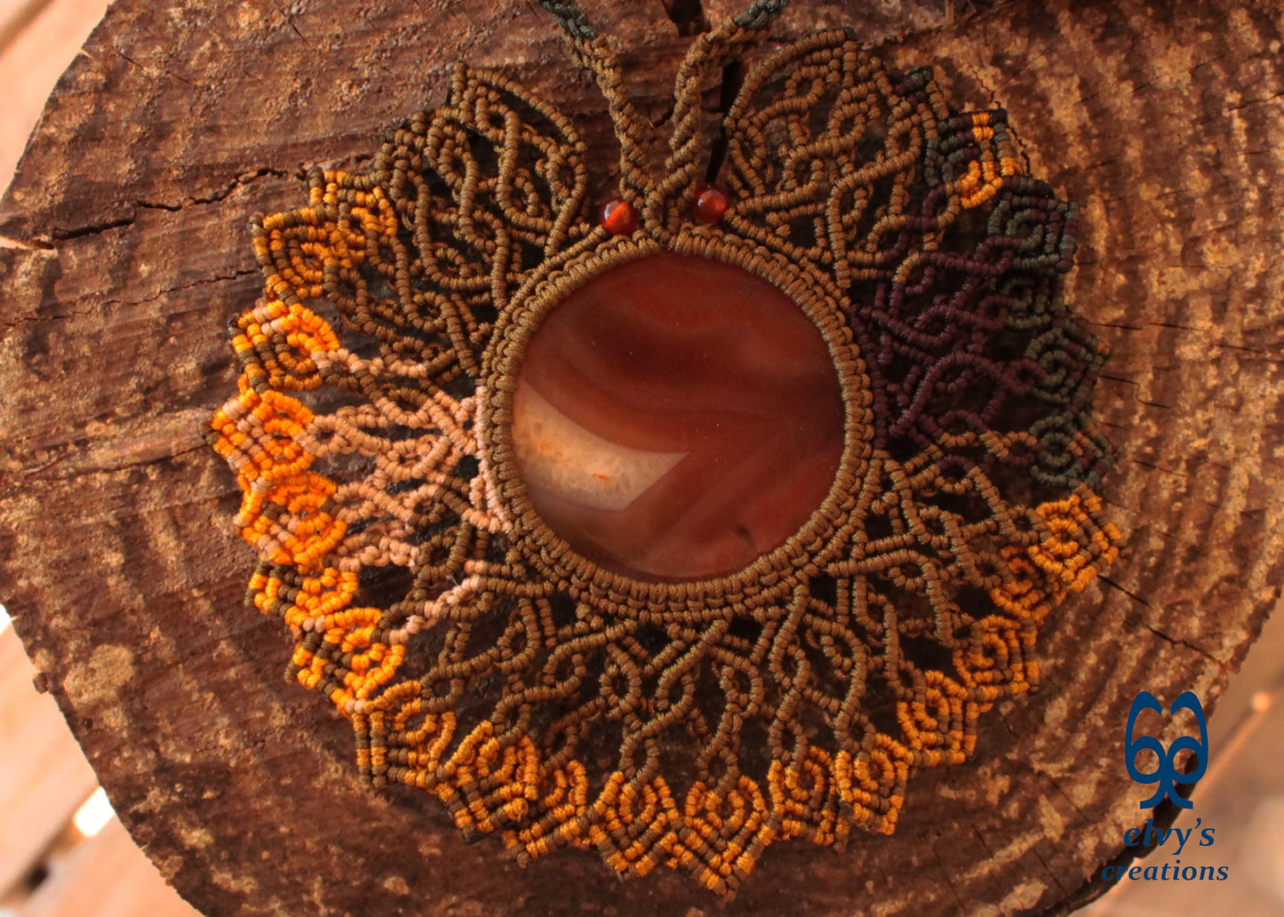 Gold Macrame Necklace with orange Carnelian Gemstones Macrame Pendant