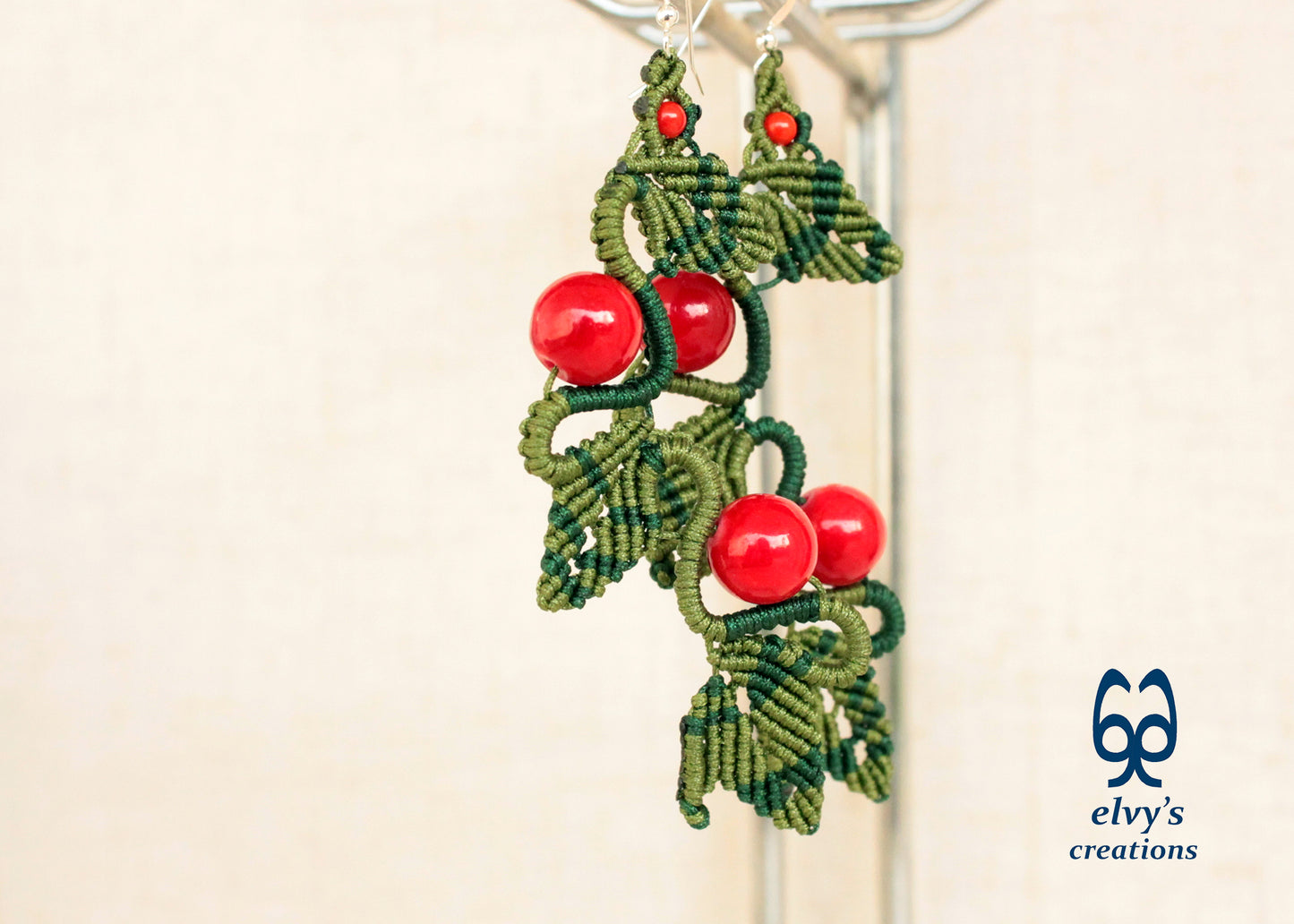 Green Macrame Earrings Red Coral Gemstone Dangle Earrings Micro Macrame Earrings Gift for Women