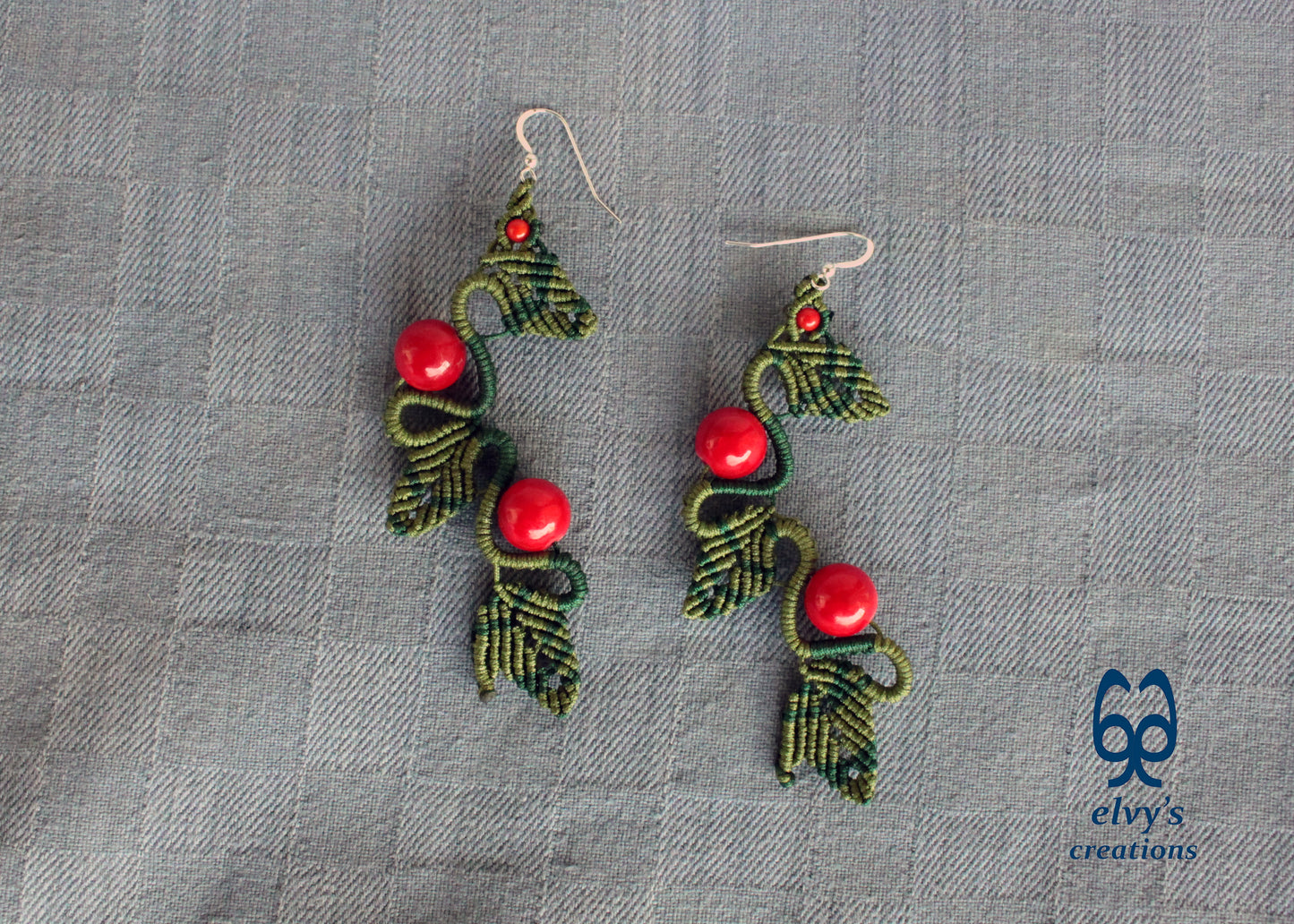 Green Macrame Earrings Red Coral Gemstone Dangle Earrings Micro Macrame Earrings Gift for Women