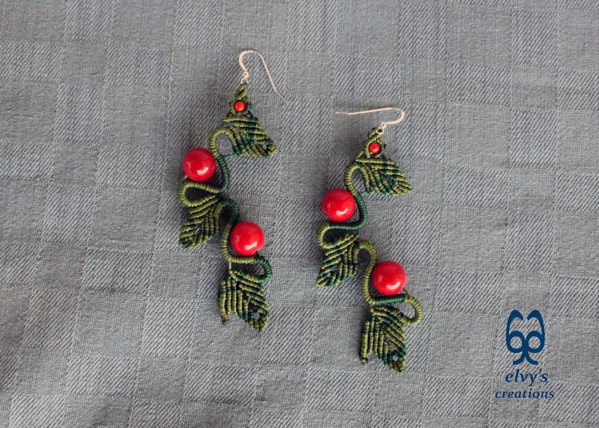 Green Macrame Earrings Red Coral Gemstone Dangle Earrings Micro Macrame Earrings Gift for Women