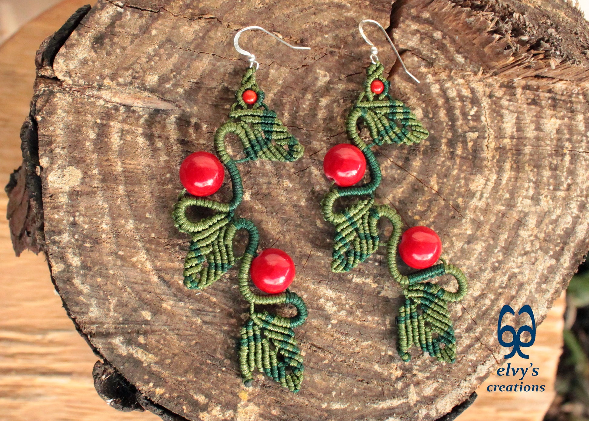 Green Macrame Earrings Red Coral Gemstone Dangle Earrings Micro Macrame Earrings Gift for Women