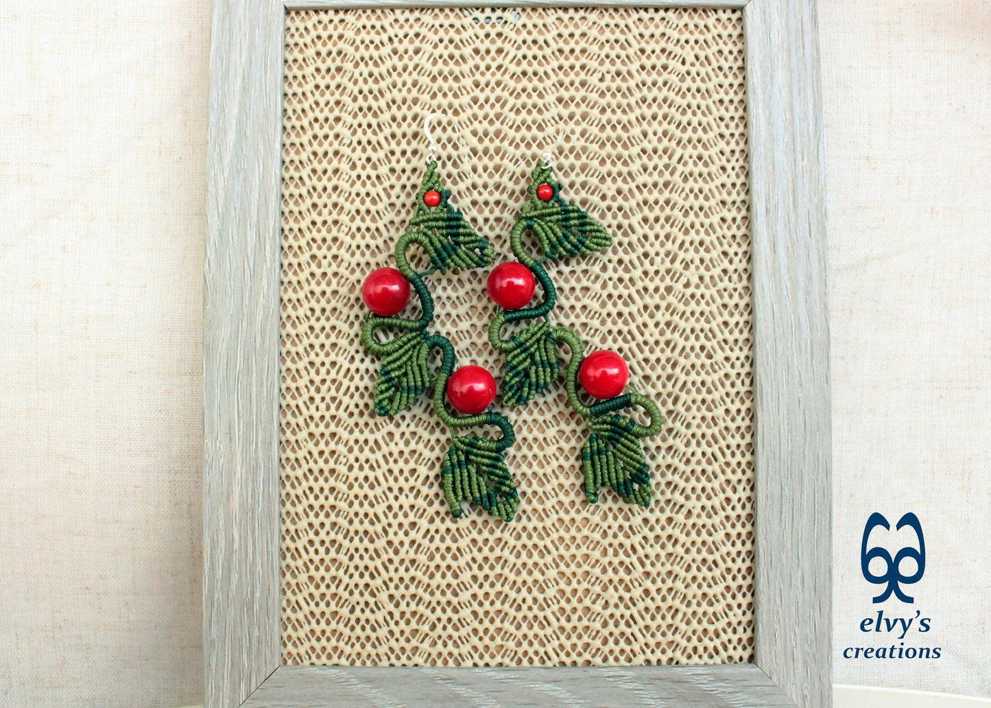 Green Macrame Earrings Red Coral Gemstone Dangle Earrings Micro Macrame Earrings Gift for Women