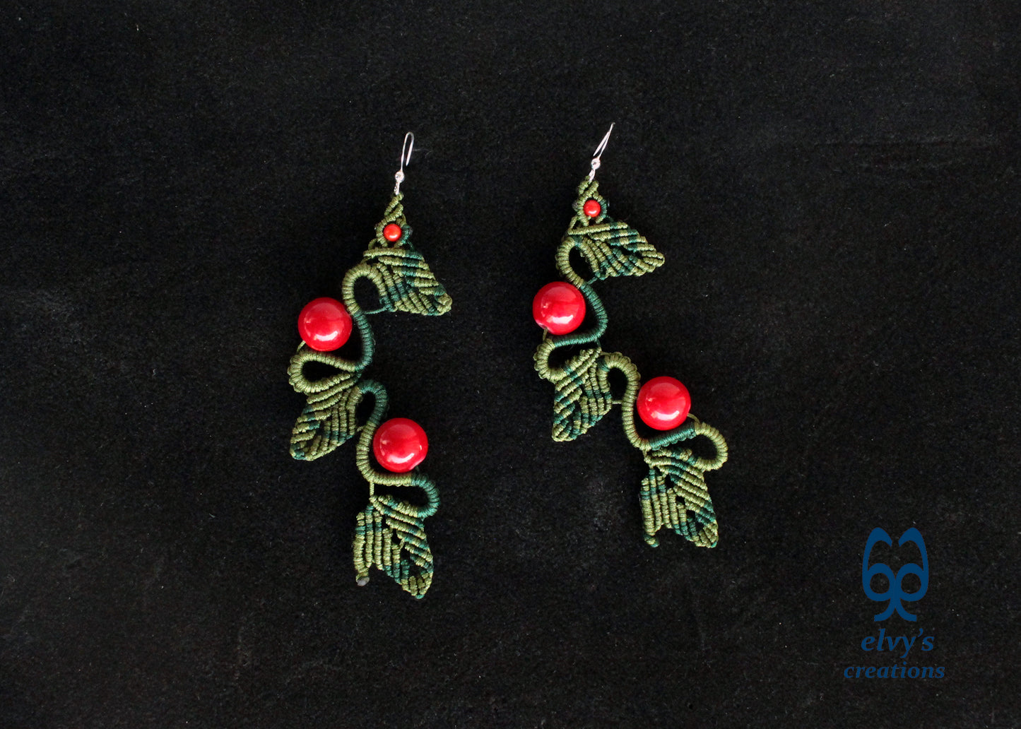Green Macrame Earrings Red Coral Gemstone Dangle Earrings Micro Macrame Earrings Gift for Women