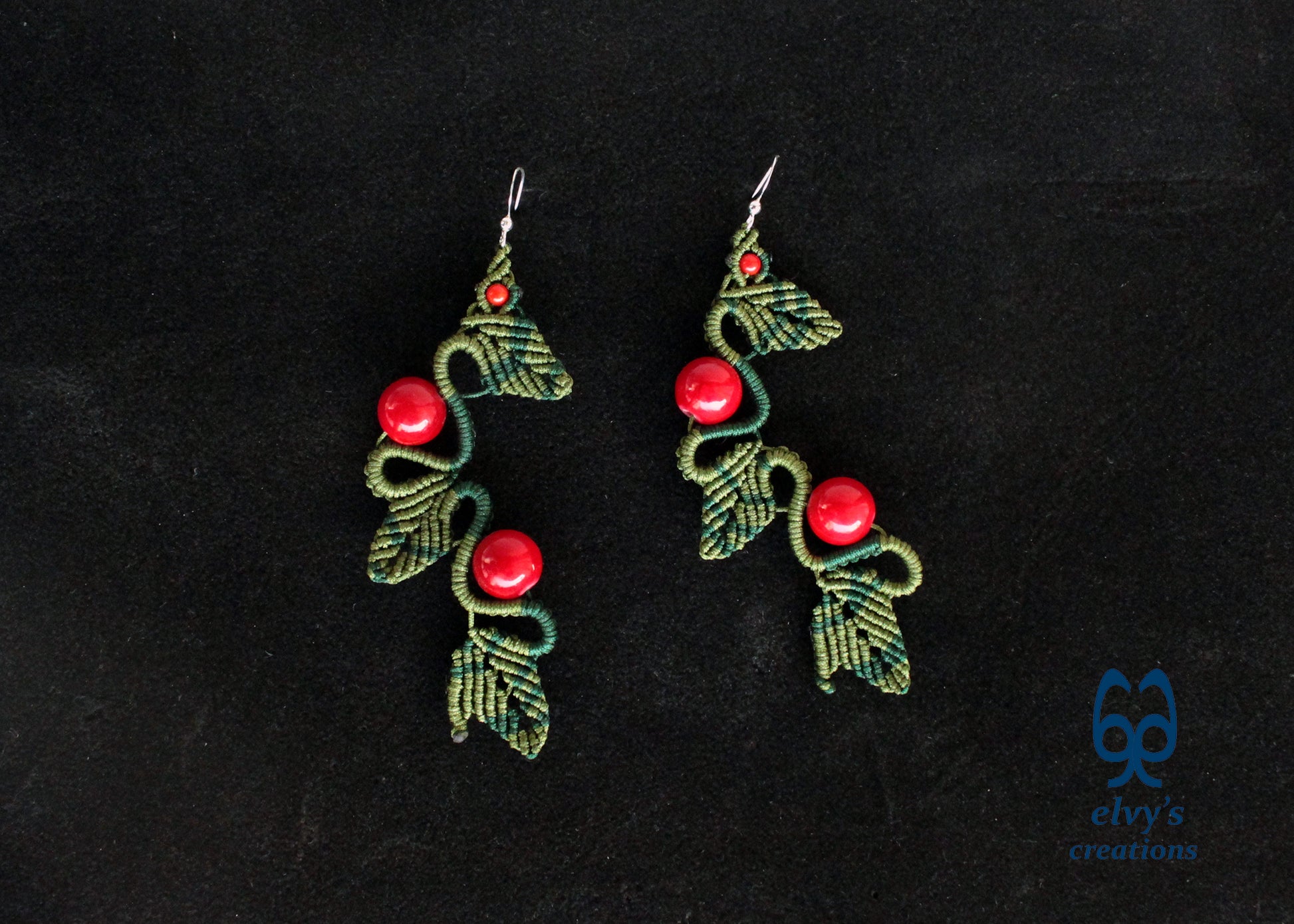 Green Macrame Earrings Red Coral Gemstone Dangle Earrings Micro Macrame Earrings Gift for Women