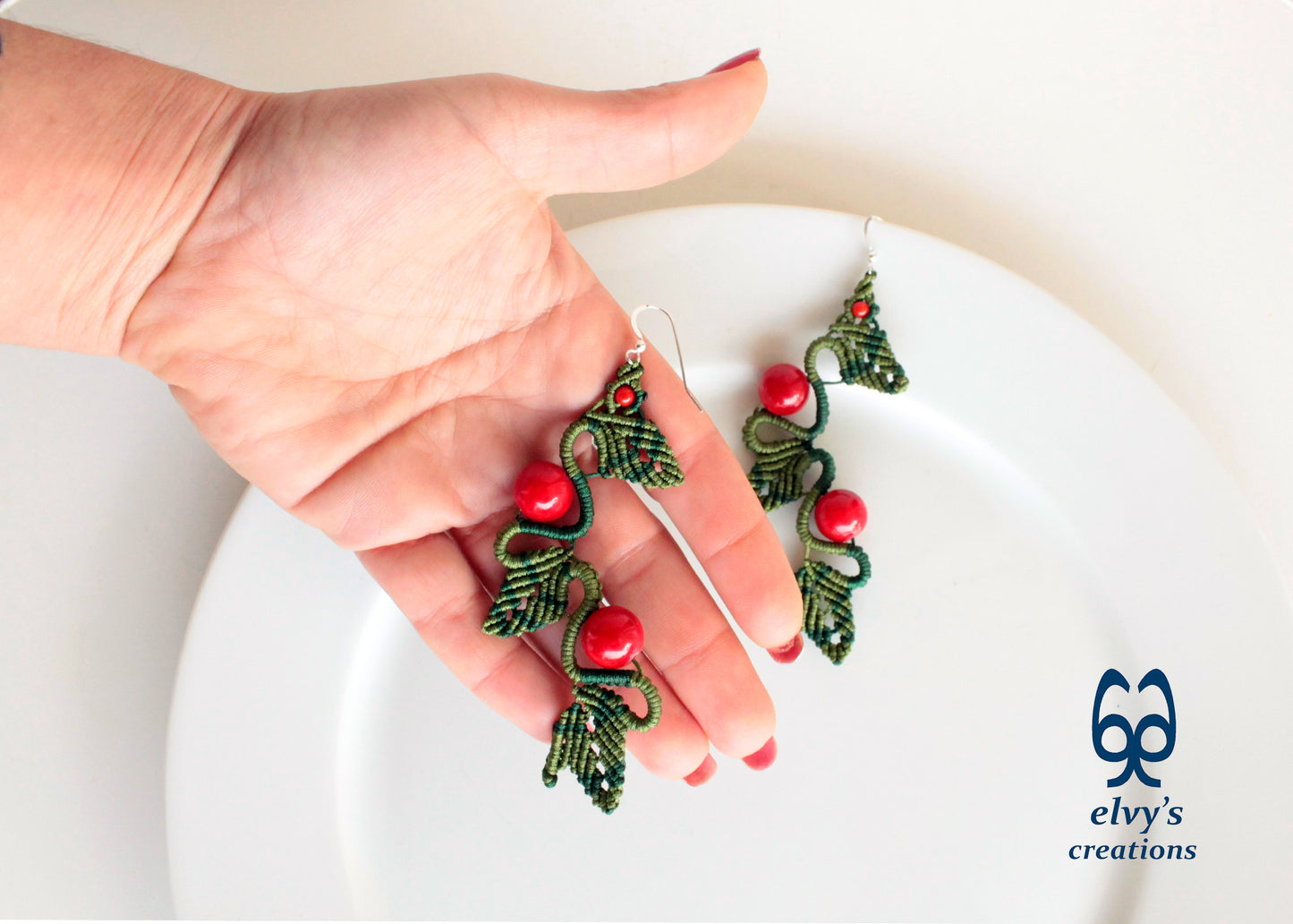 Green Macrame Earrings Red Coral Gemstone Dangle Earrings Micro Macrame Earrings Gift for Women