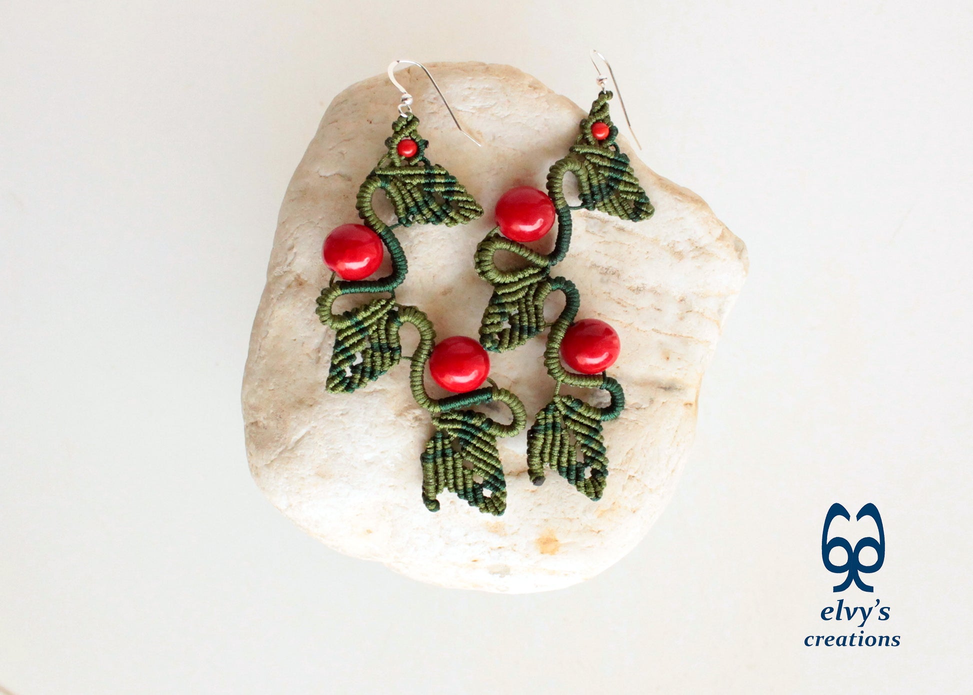 Green Macrame Earrings Red Coral Gemstone Dangle Earrings Micro Macrame Earrings Gift for Women