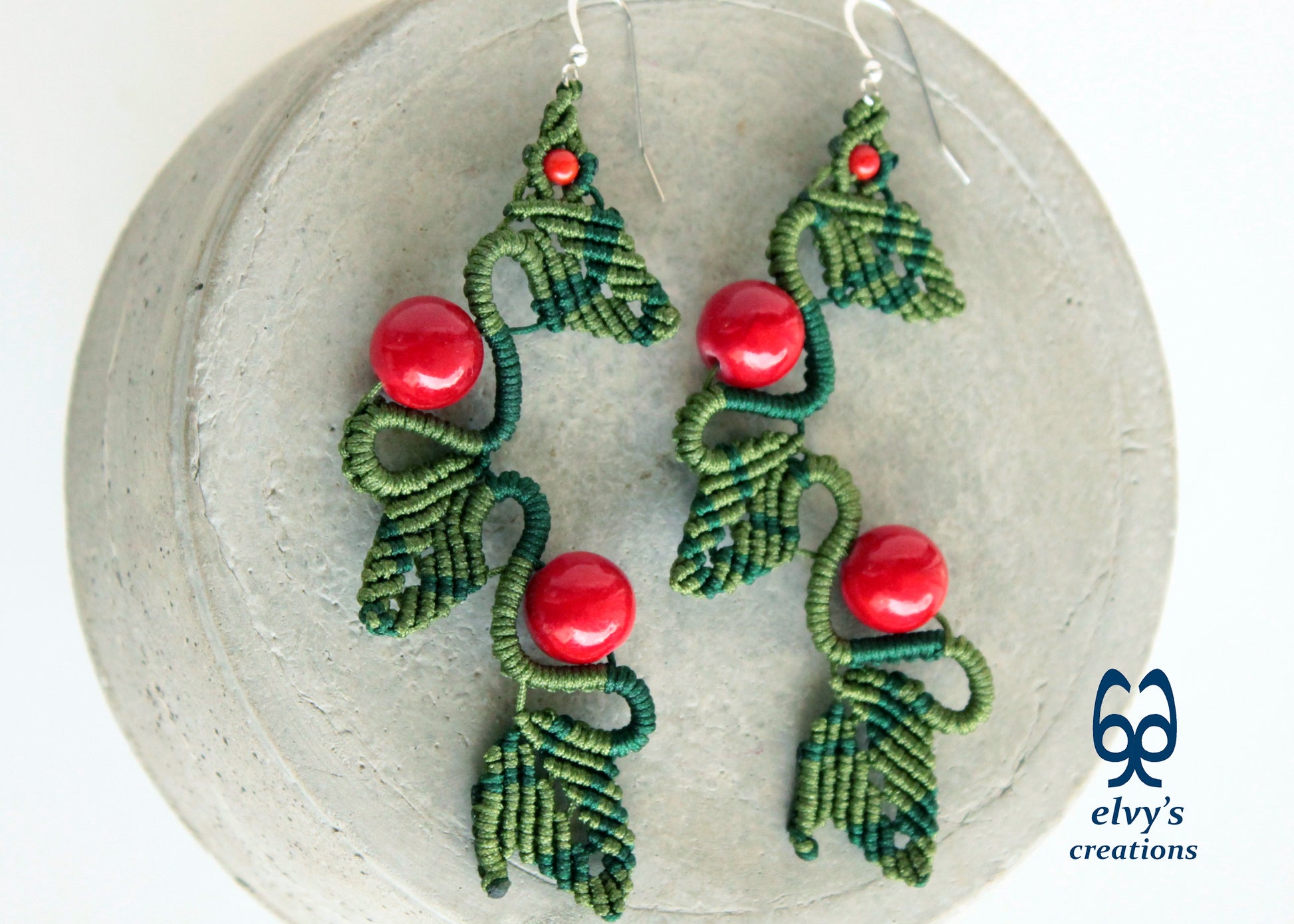 Green Macrame Earrings Red Coral Gemstone Dangle Earrings Micro Macrame Earrings Gift for Women