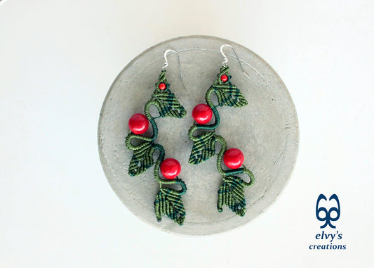 Green Macrame Earrings Red Coral Gemstone Dangle Earrings Micro Macrame Earrings Gift for Women
