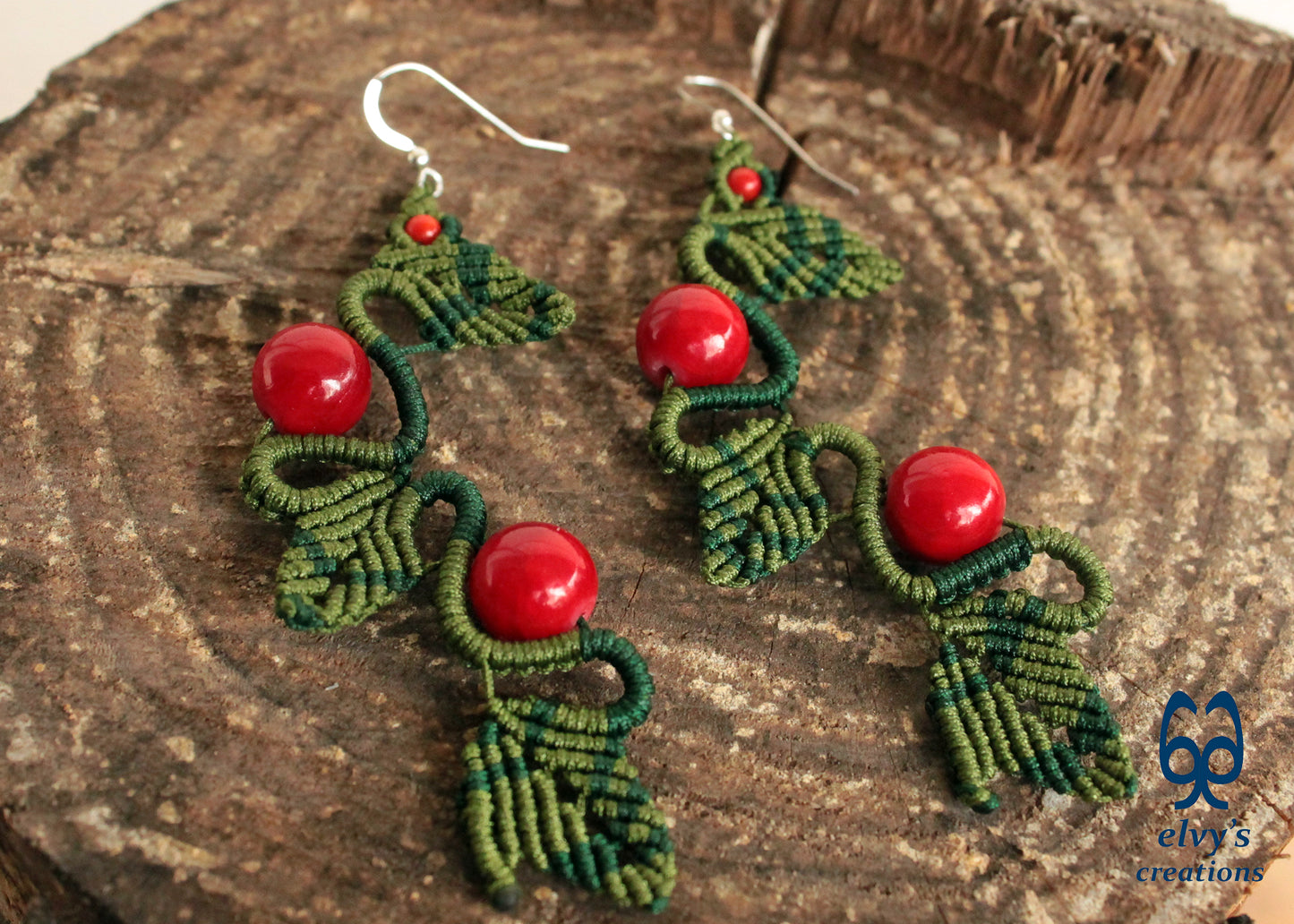 Green Macrame Earrings Red Coral Gemstone Dangle Earrings Micro Macrame Earrings Gift for Women