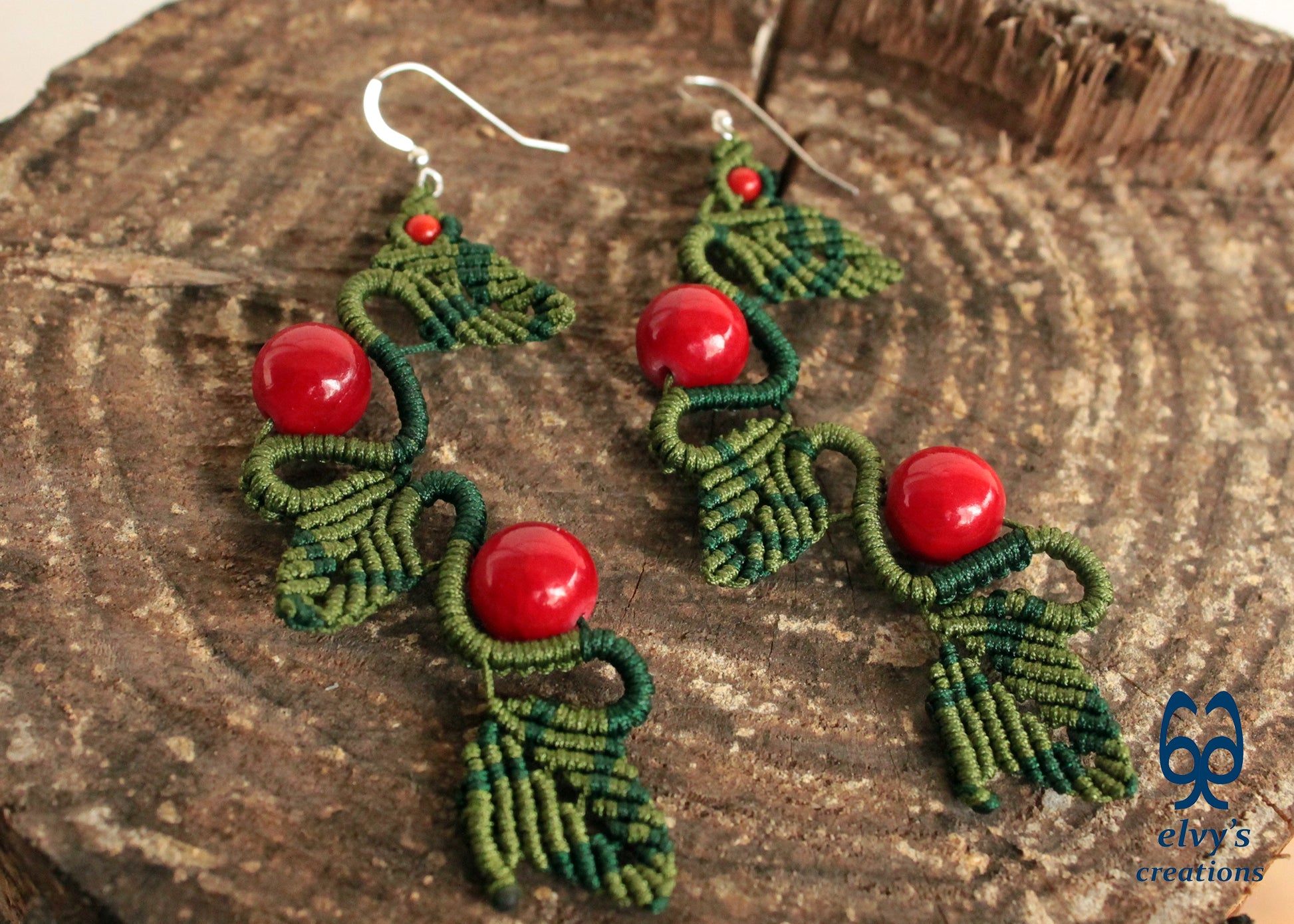 Green Macrame Earrings Red Coral Gemstone Dangle Earrings Micro Macrame Earrings Gift for Women