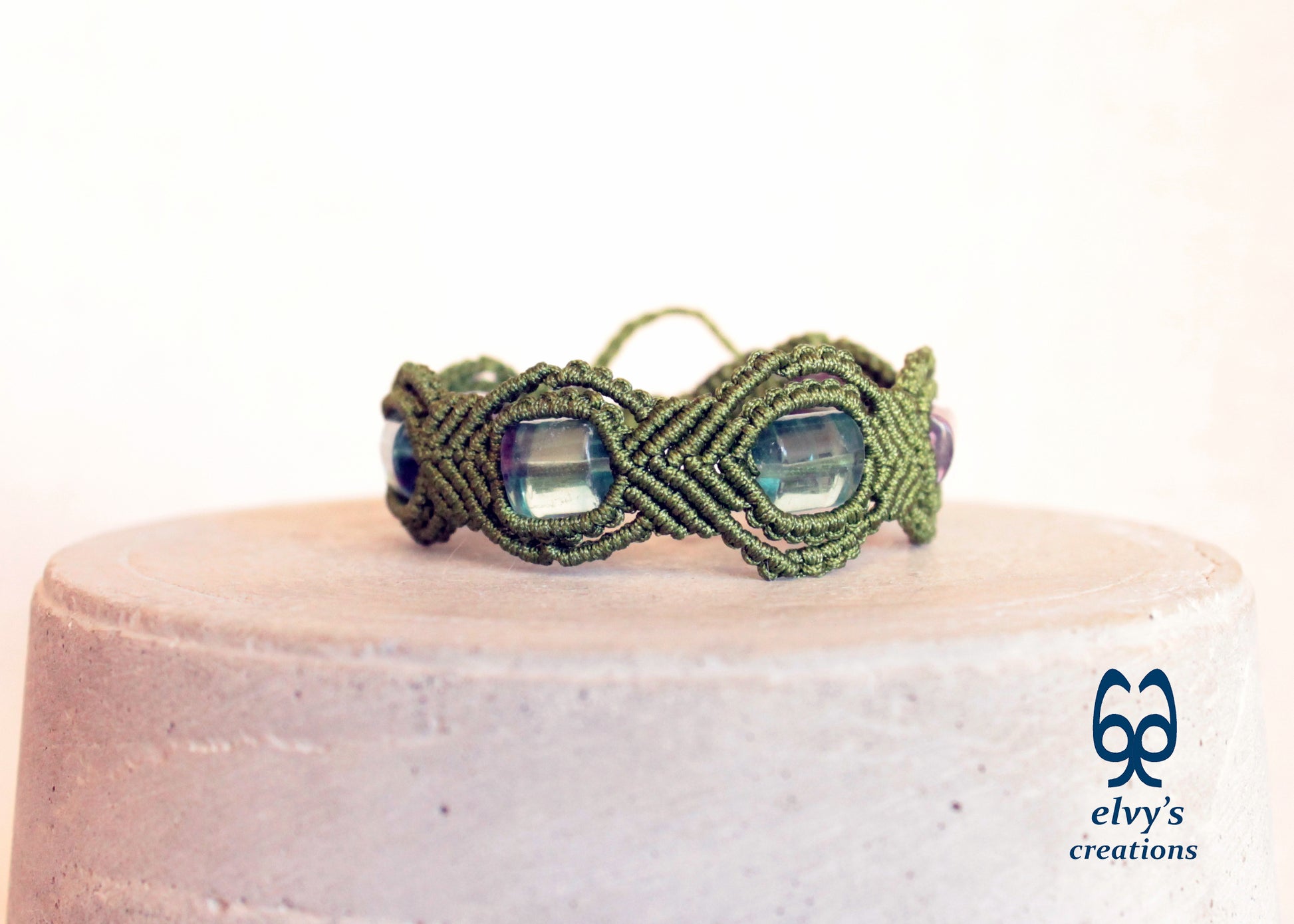 Green Macrame Bracelet with Fluorite Gemstone Beaded Adjustable Cuff, Unique Birthday Gift for Women