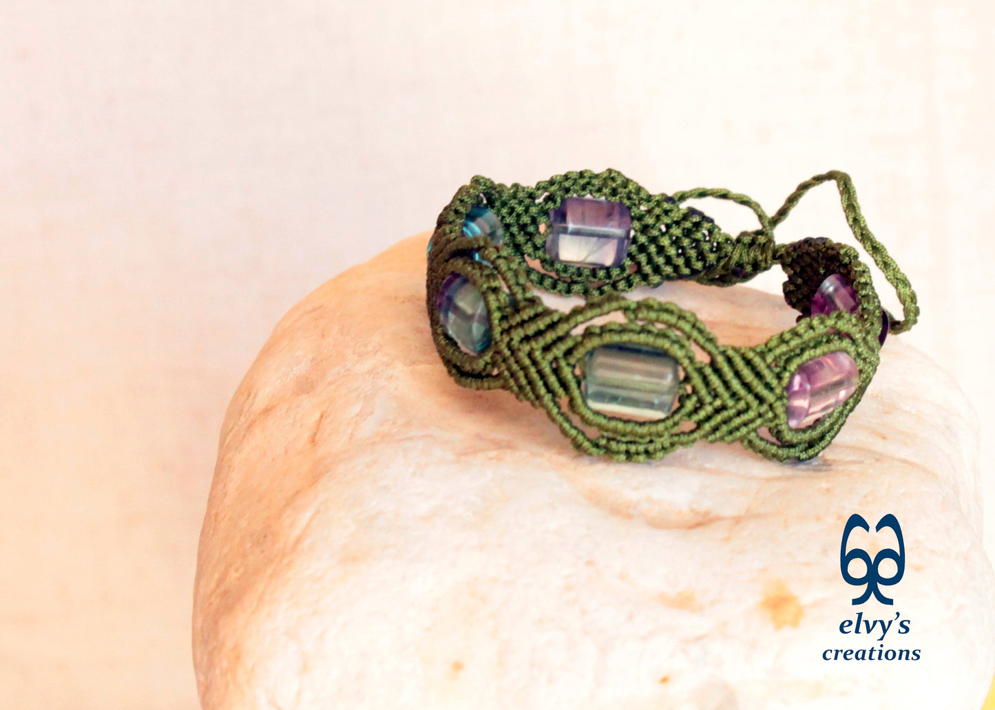 Green Macrame Bracelet with Fluorite Gemstone Beaded Adjustable Cuff, Unique Birthday Gift for Women