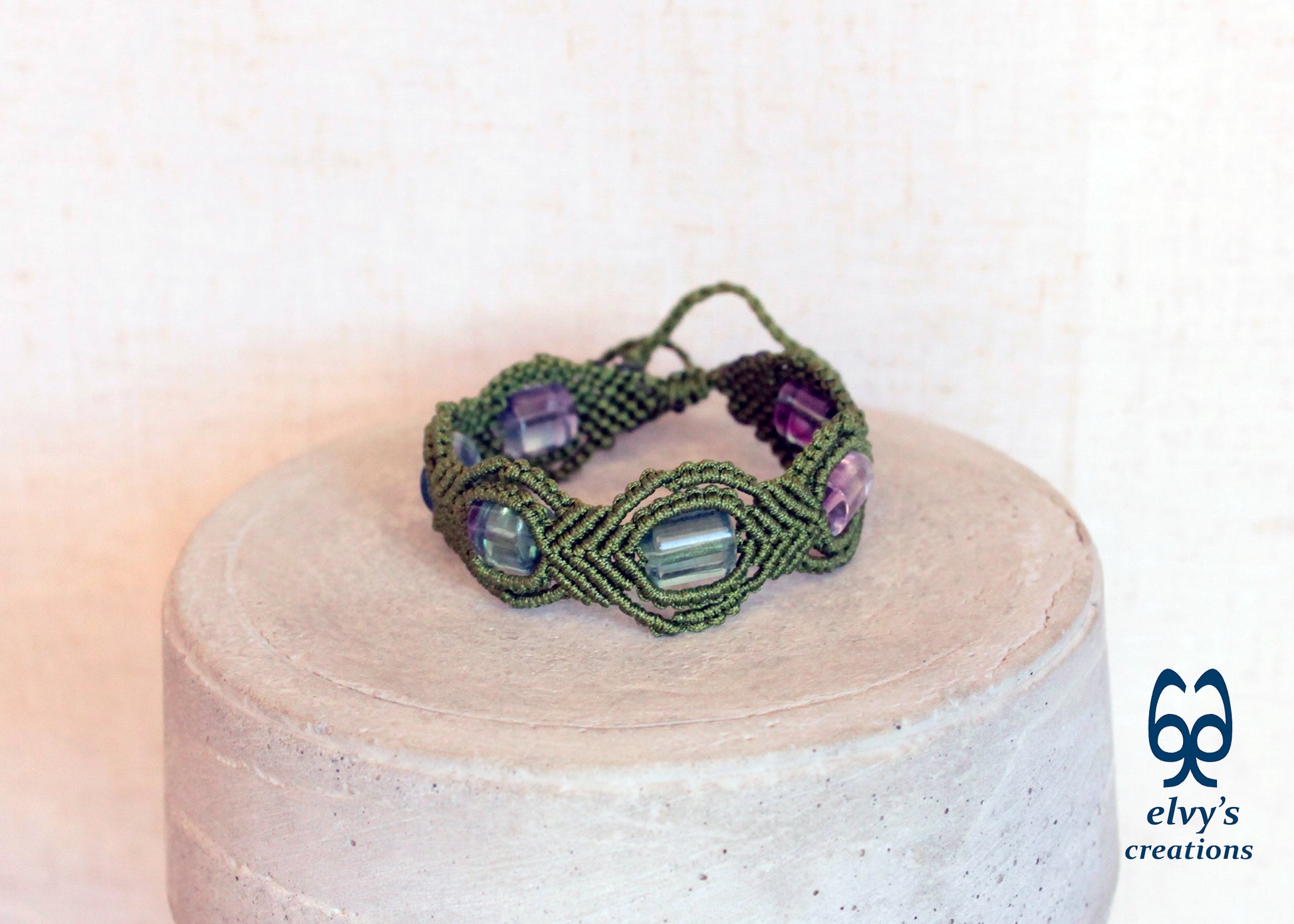Green Macrame Bracelet with Fluorite Gemstone Beaded Adjustable Cuff, Unique Birthday Gift for Women