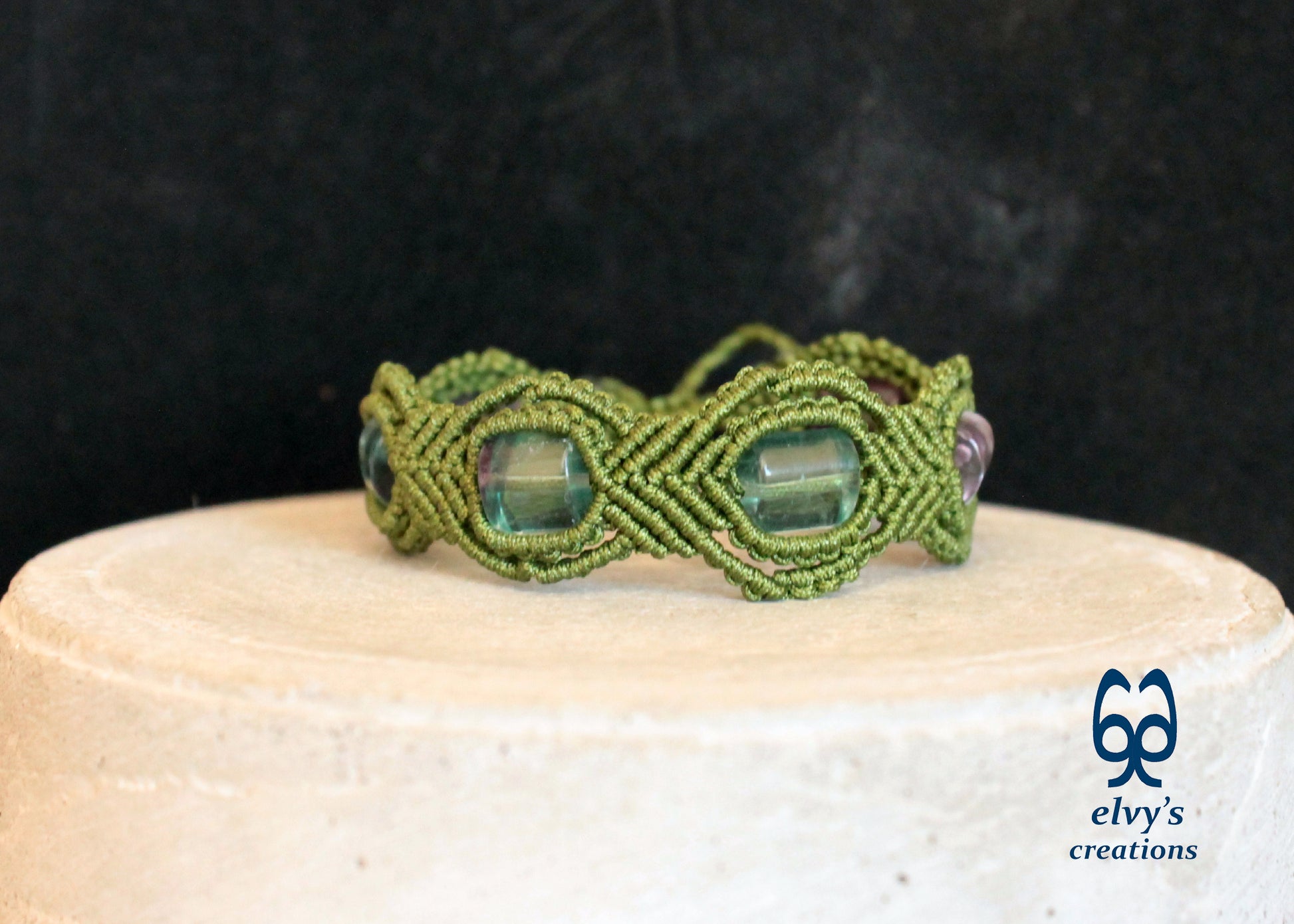 Green Macrame Bracelet with Fluorite Gemstone Beaded Adjustable Cuff, Unique Birthday Gift for Women