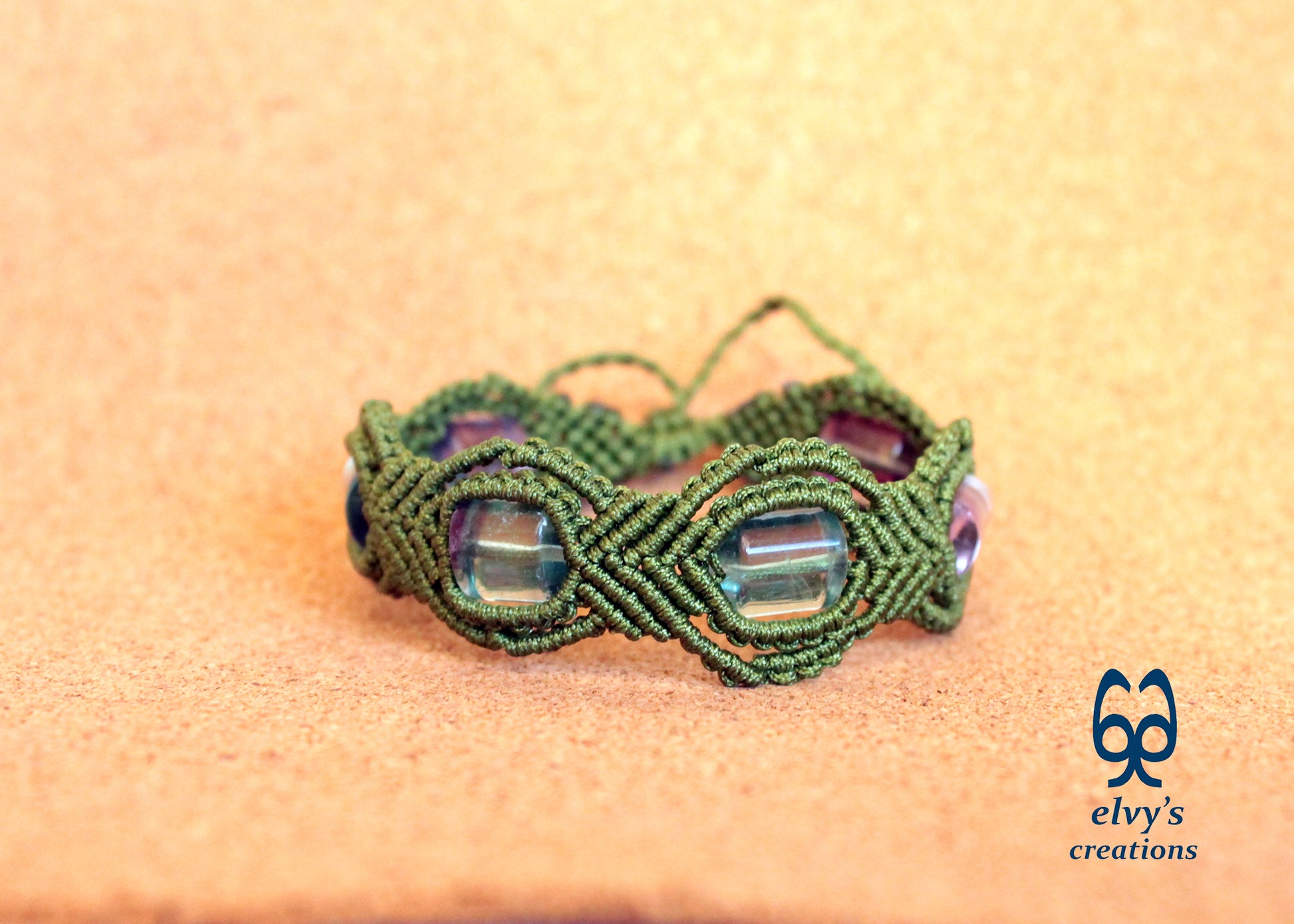 Green Macrame Bracelet with Fluorite Gemstone Beaded Adjustable Cuff, Unique Birthday Gift for Women