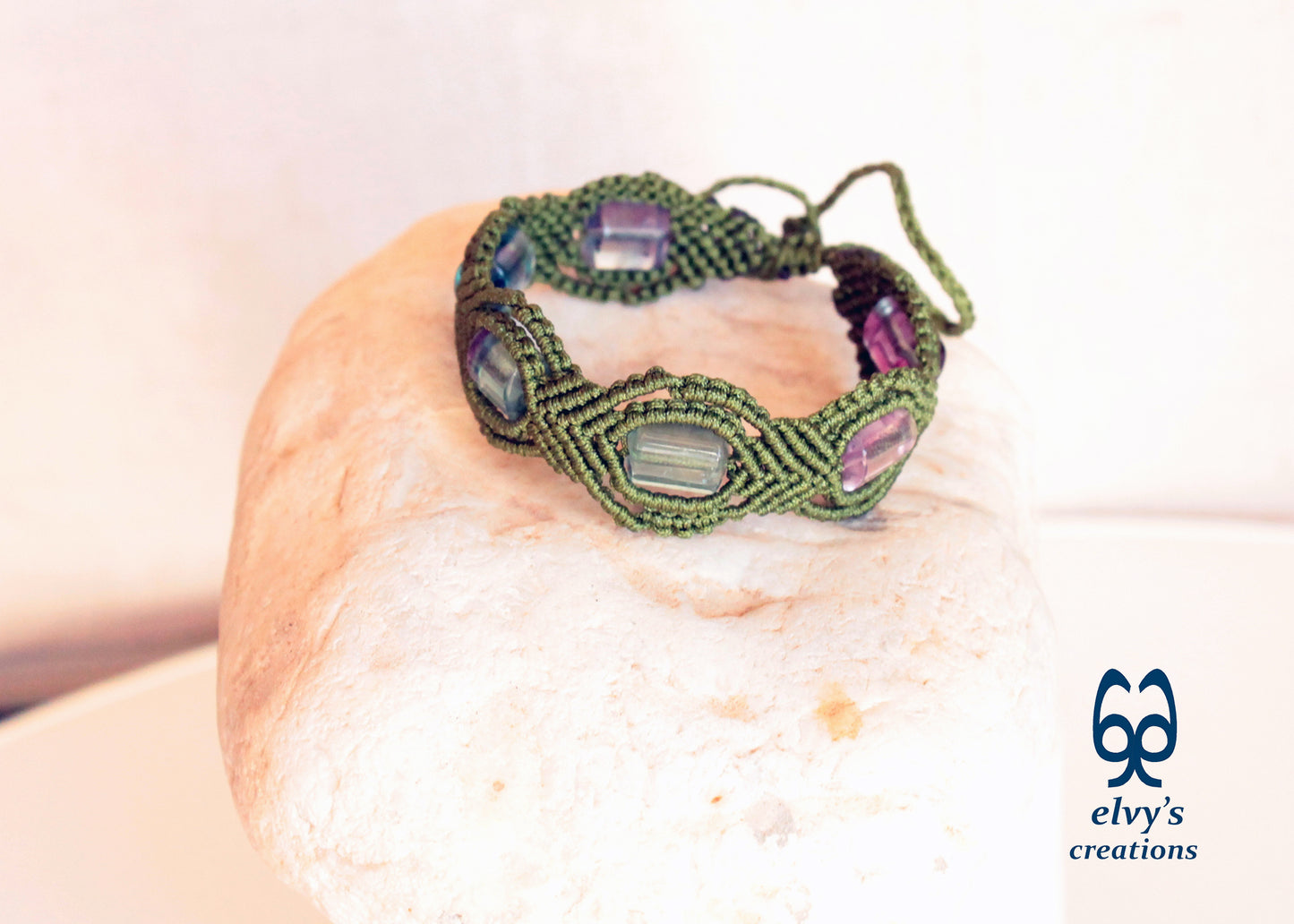 Green Macrame Bracelet with Fluorite Gemstone Beaded Adjustable Cuff, Unique Birthday Gift for Women