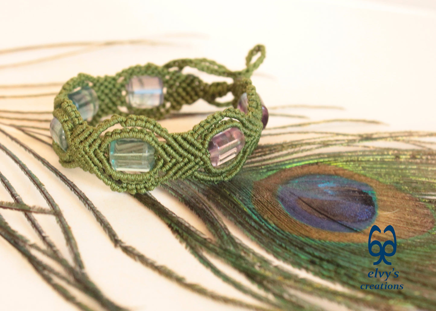 Green Macrame Bracelet with Fluorite Gemstone Beaded Adjustable Cuff, Unique Birthday Gift for Women