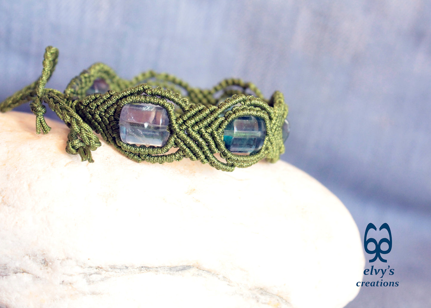 Green Macrame Bracelet with Fluorite Gemstone Beaded Adjustable Cuff, Unique Birthday Gift for Women