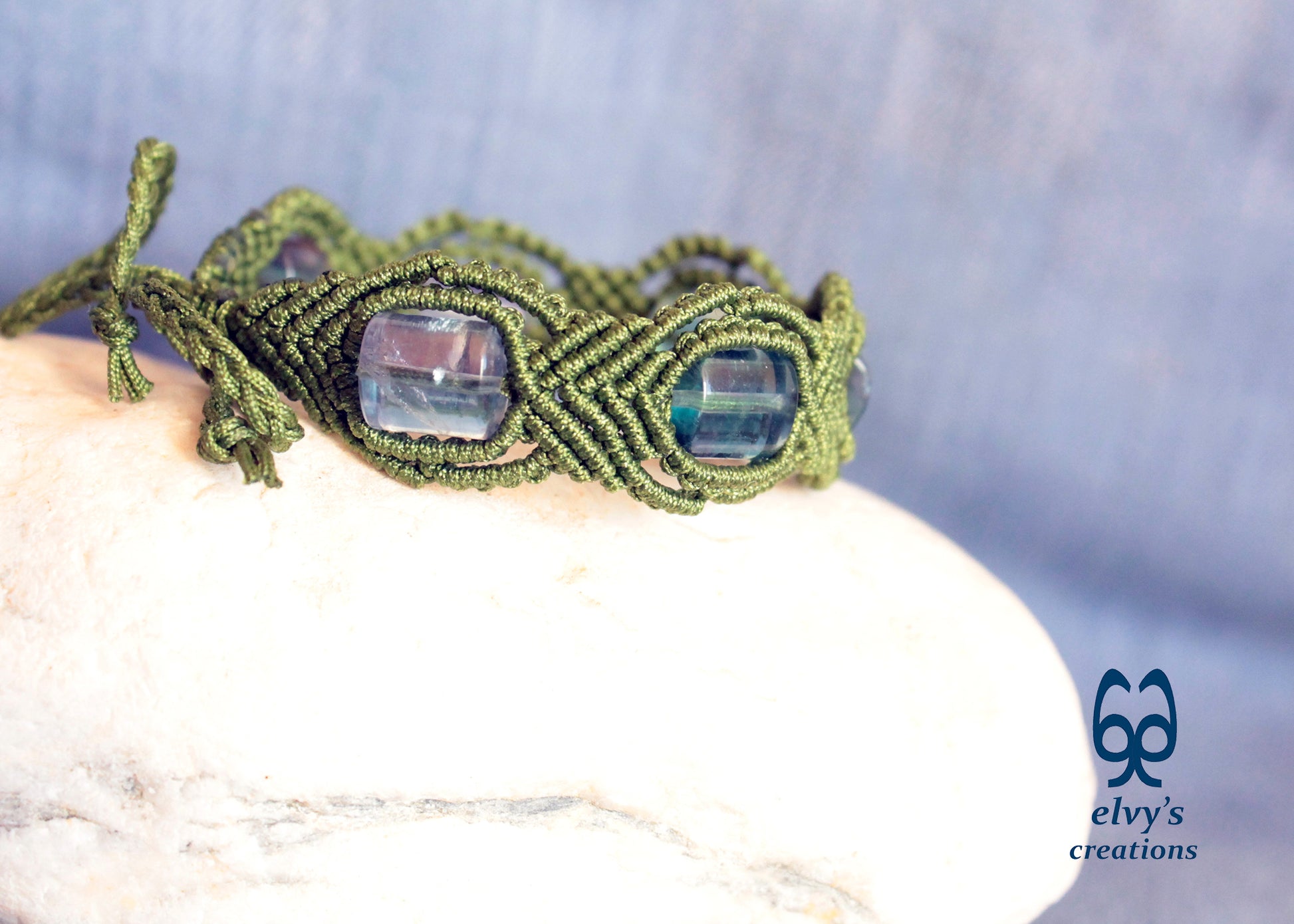 Green Macrame Bracelet with Fluorite Gemstone Beaded Adjustable Cuff, Unique Birthday Gift for Women