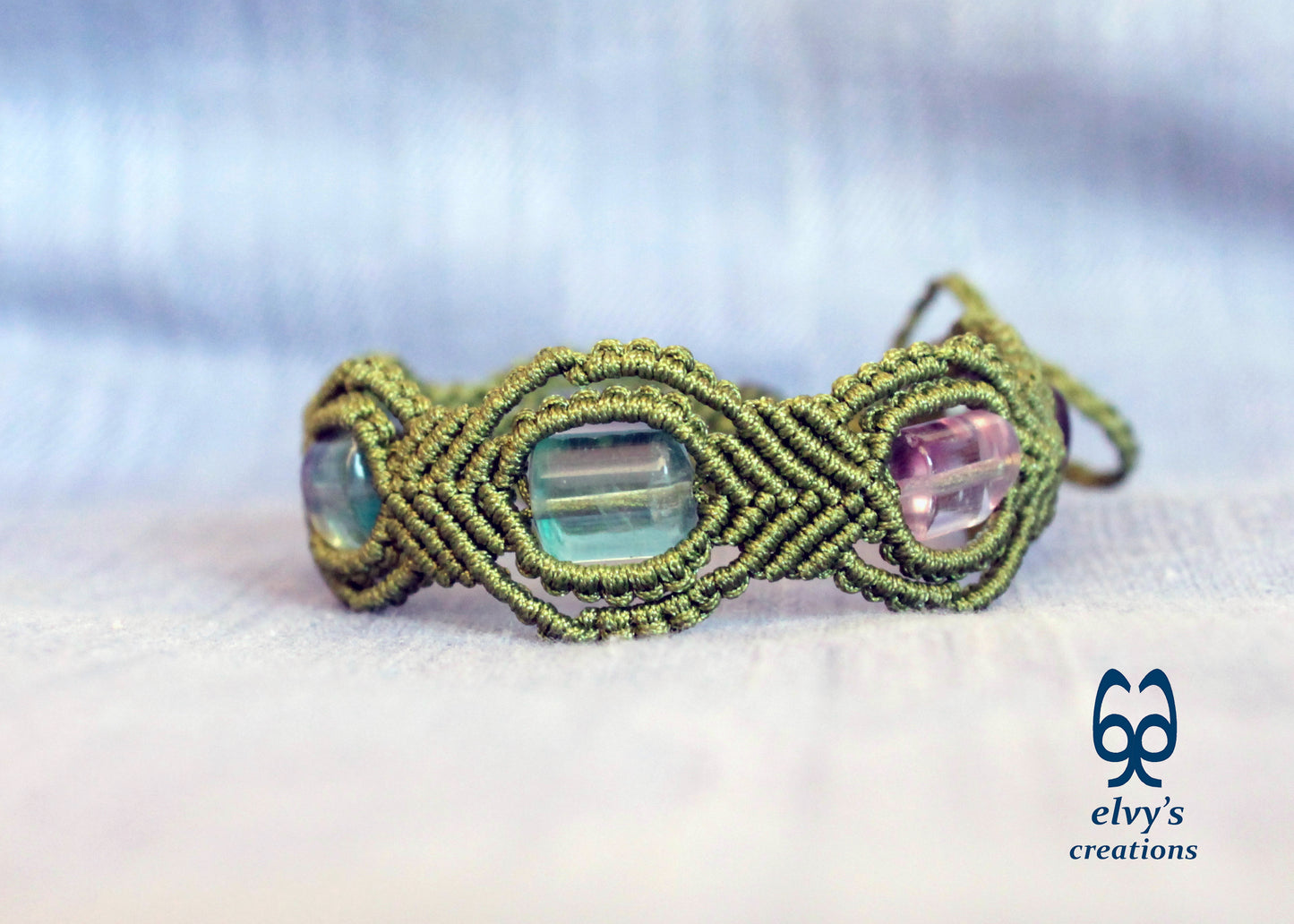 Green Macrame Bracelet with Fluorite Gemstone Beaded Adjustable Cuff, Unique Birthday Gift for Women