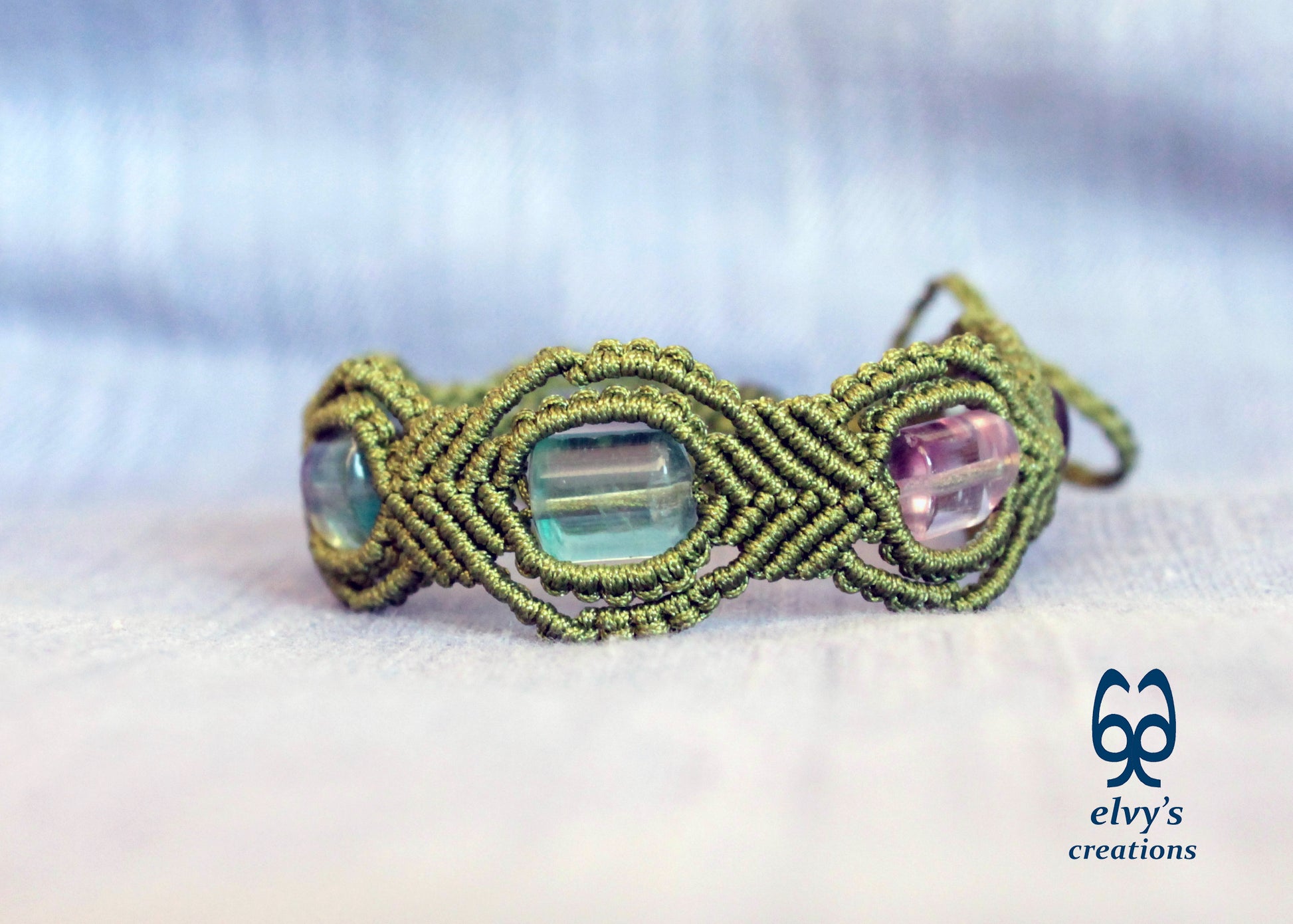 Green Macrame Bracelet with Fluorite Gemstone Beaded Adjustable Cuff, Unique Birthday Gift for Women