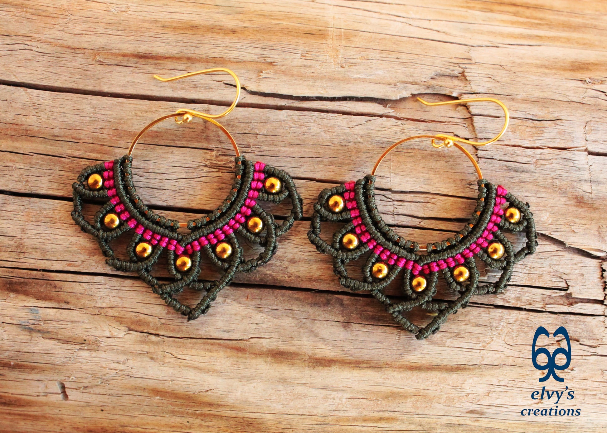 Green Macrame Earrings with Hematite Gemstones Lotus Gold Hoop Earrings