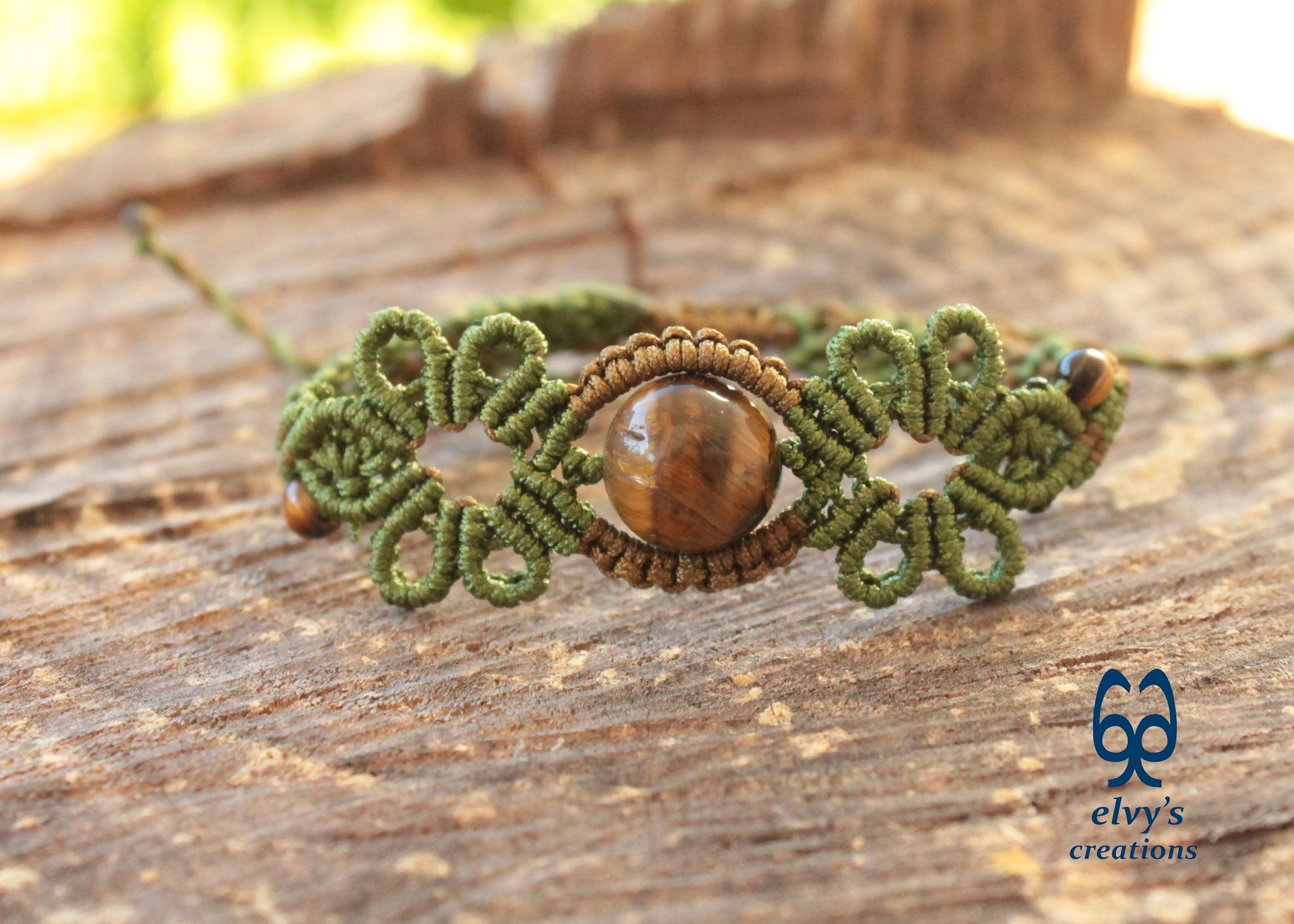 Green Macrame Bracelet Tiger Eye Gemstones Adjustable Lace Bracelet Birthday Gift for Women