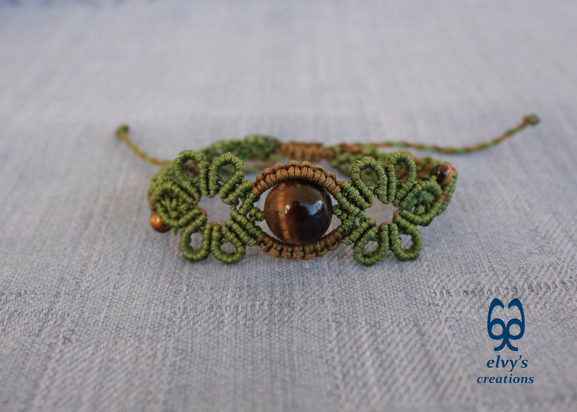 Green Macrame Bracelet Tiger Eye Gemstones Adjustable Lace Bracelet Birthday Gift for Women