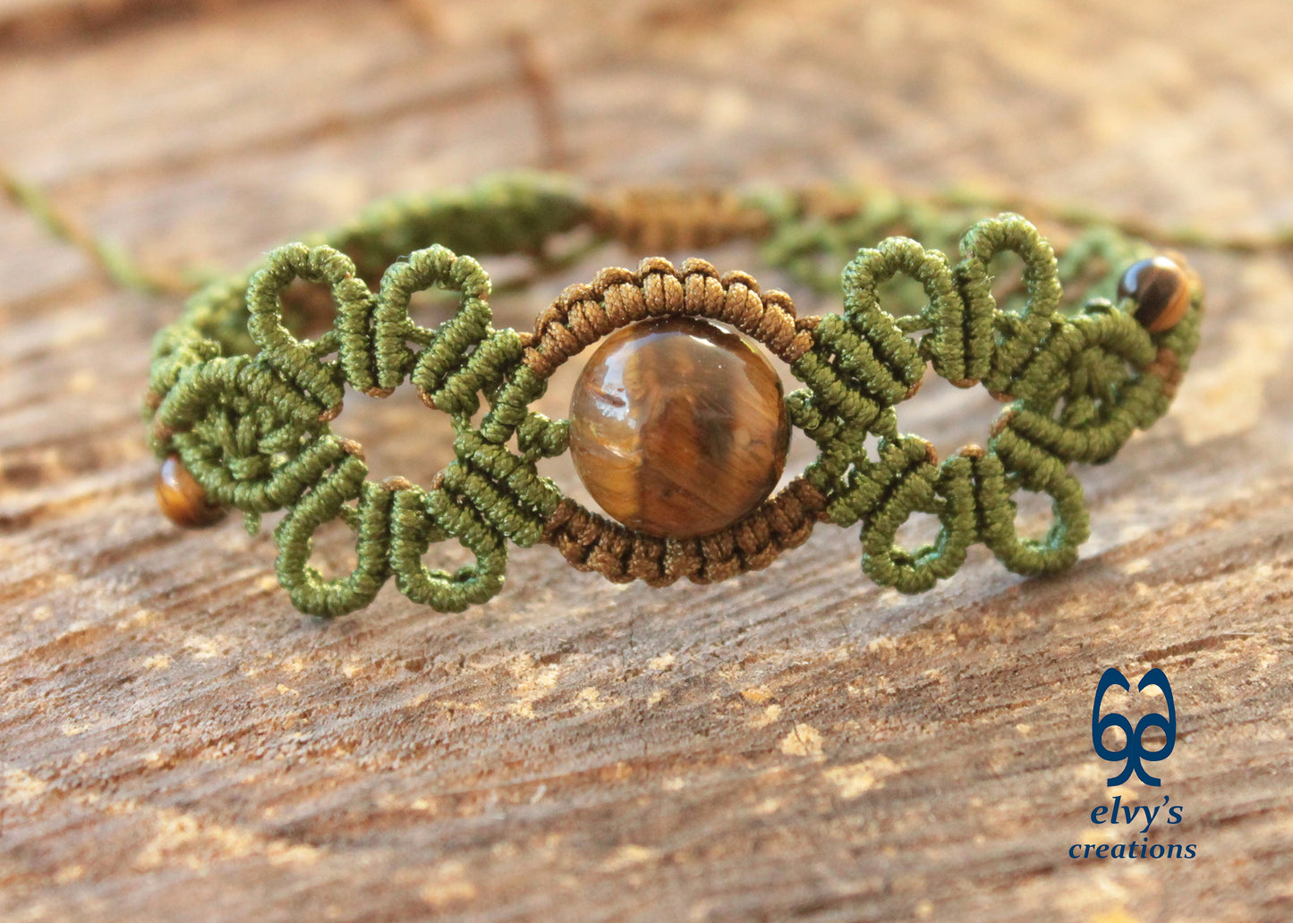 Green Macrame Bracelet Tiger Eye Gemstones Adjustable Lace Bracelet Birthday Gift for Women