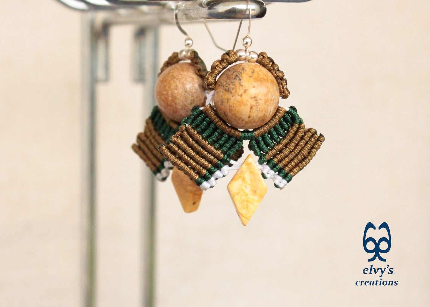 Yellow Agate Macrame Earrings, Green and Gold Dangle Gemstone Beaded Earrings, Unique Birthday Gift for Women
