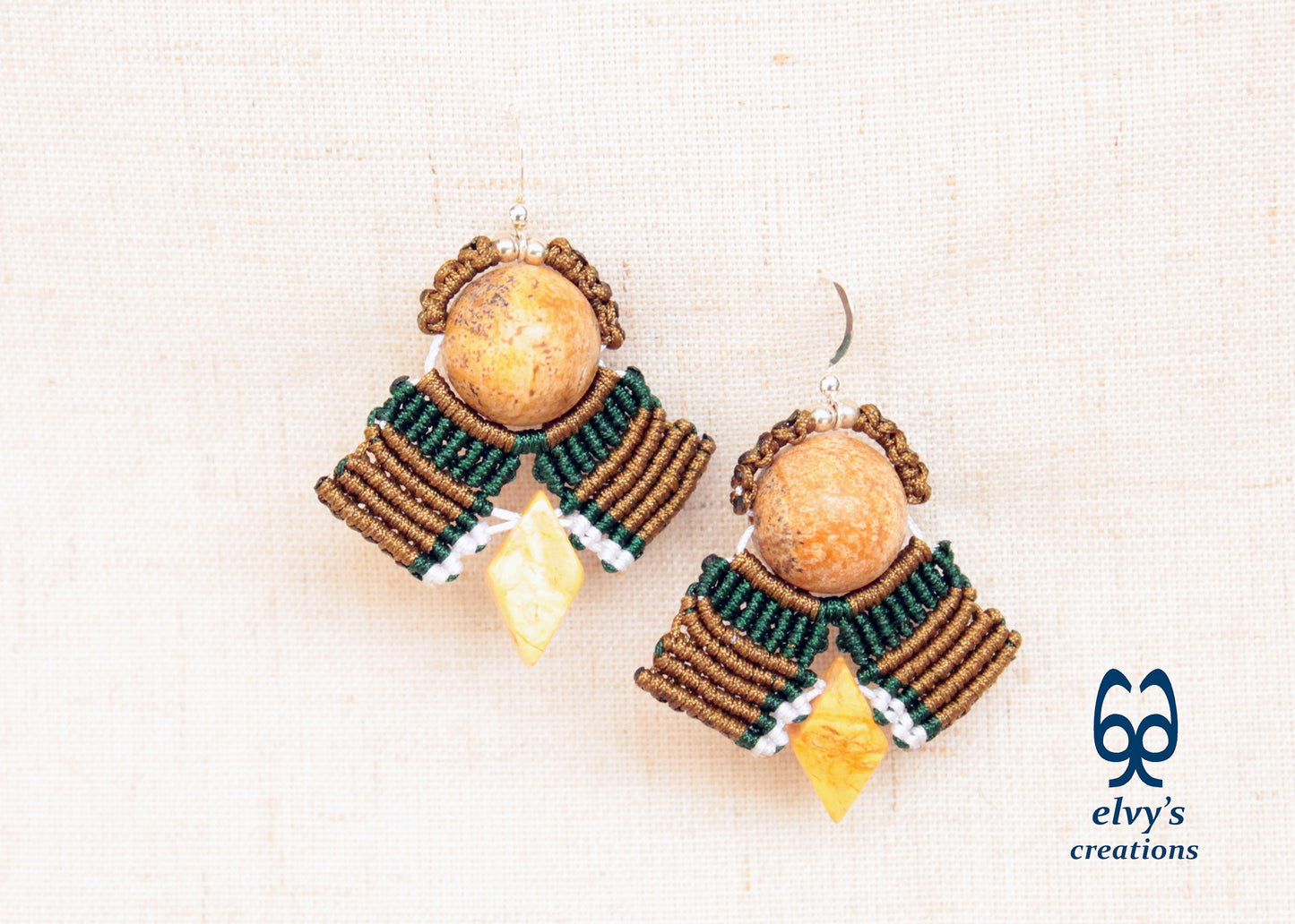 Yellow Agate Macrame Earrings, Green and Gold Dangle Gemstone Beaded Earrings, Unique Birthday Gift for Women