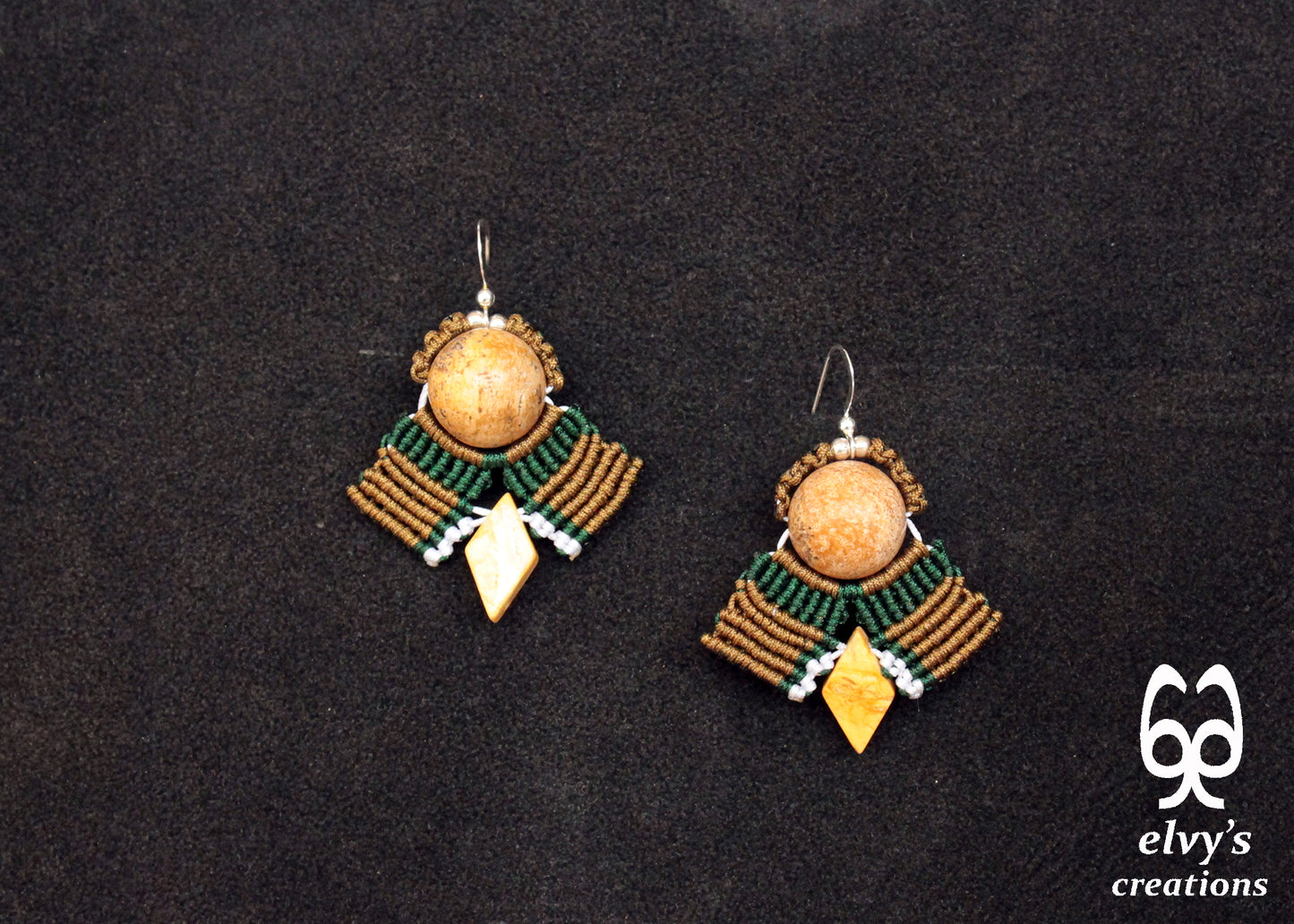 Yellow Agate Macrame Earrings, Green and Gold Dangle Gemstone Beaded Earrings, Unique Birthday Gift for Women