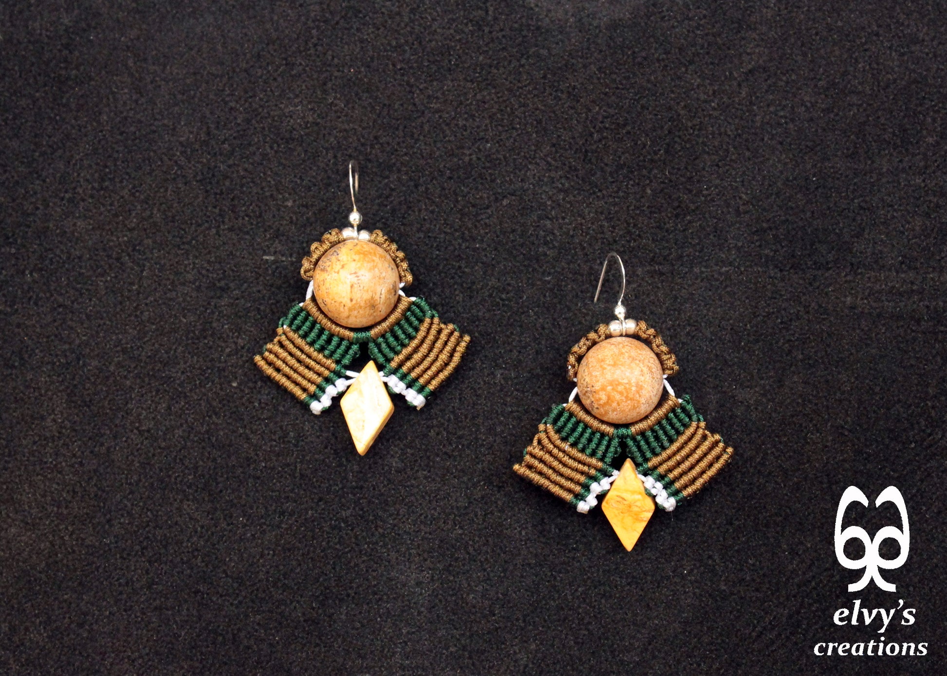 Yellow Agate Macrame Earrings, Green and Gold Dangle Gemstone Beaded Earrings, Unique Birthday Gift for Women