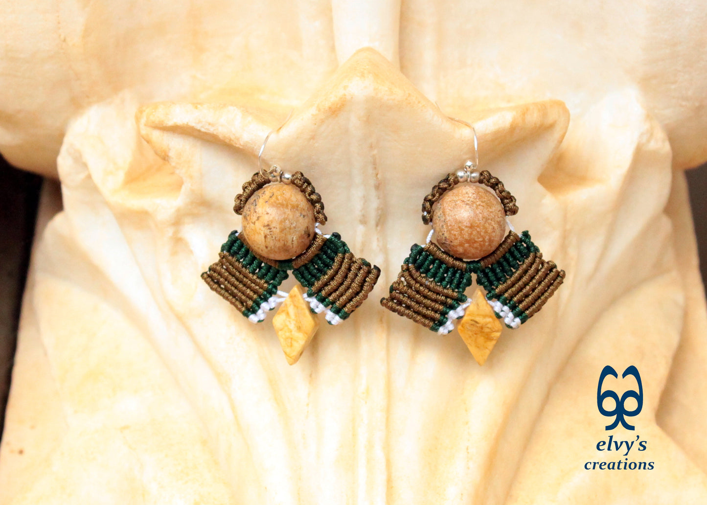 Yellow Agate Macrame Earrings, Green and Gold Dangle Gemstone Beaded Earrings, Unique Birthday Gift for Women