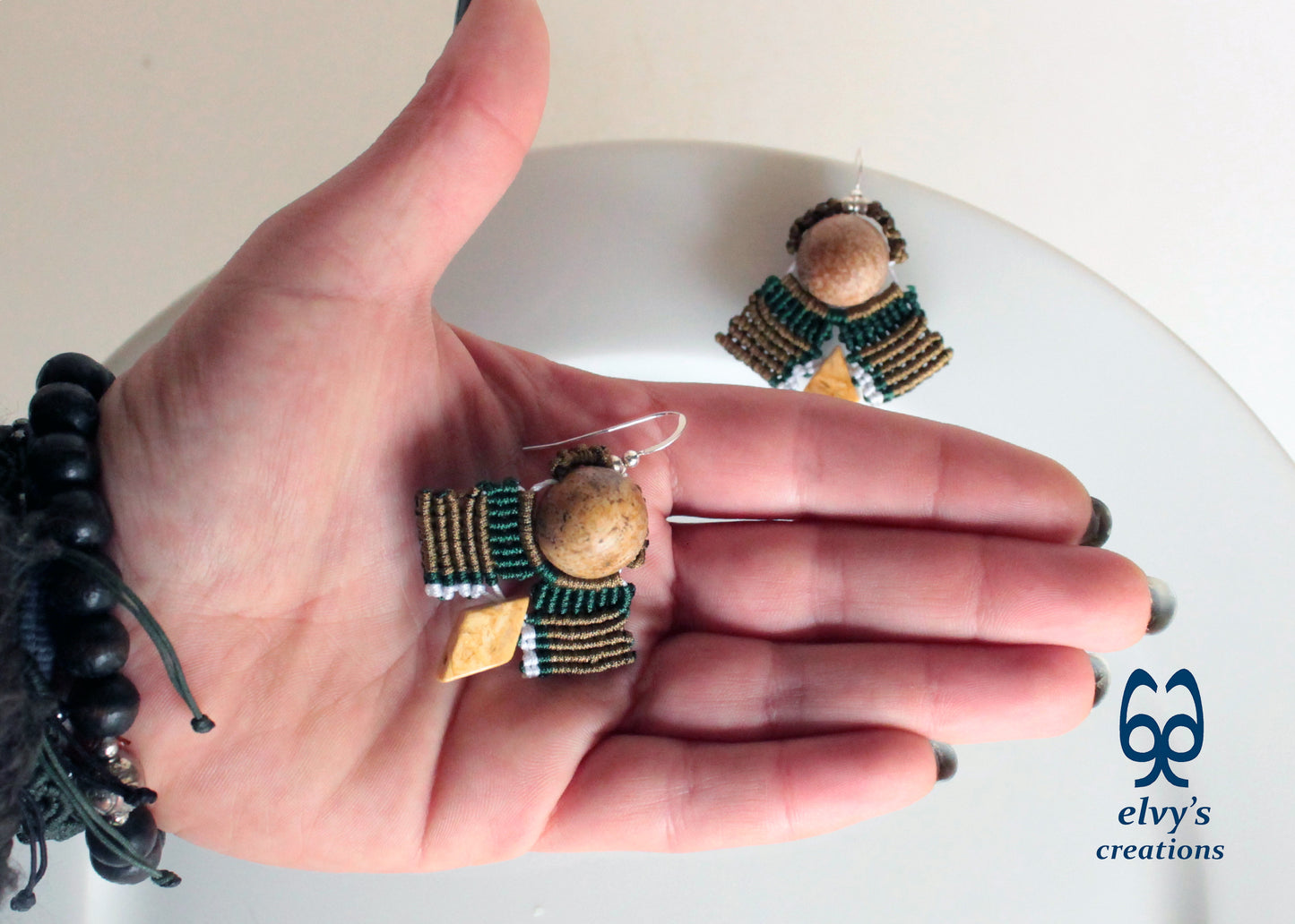 Yellow Agate Macrame Earrings, Green and Gold Dangle Gemstone Beaded Earrings, Unique Birthday Gift for Women