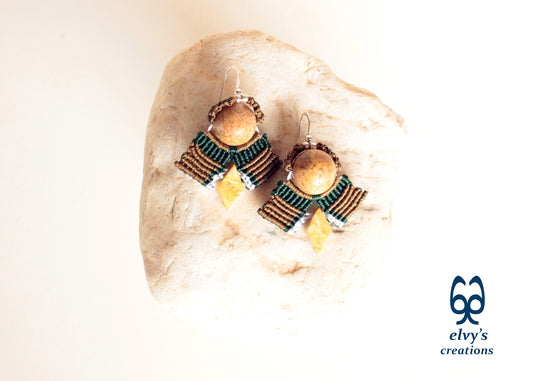 Yellow Agate Macrame Earrings, Green and Gold Dangle Gemstone Beaded Earrings, Unique Birthday Gift for Women