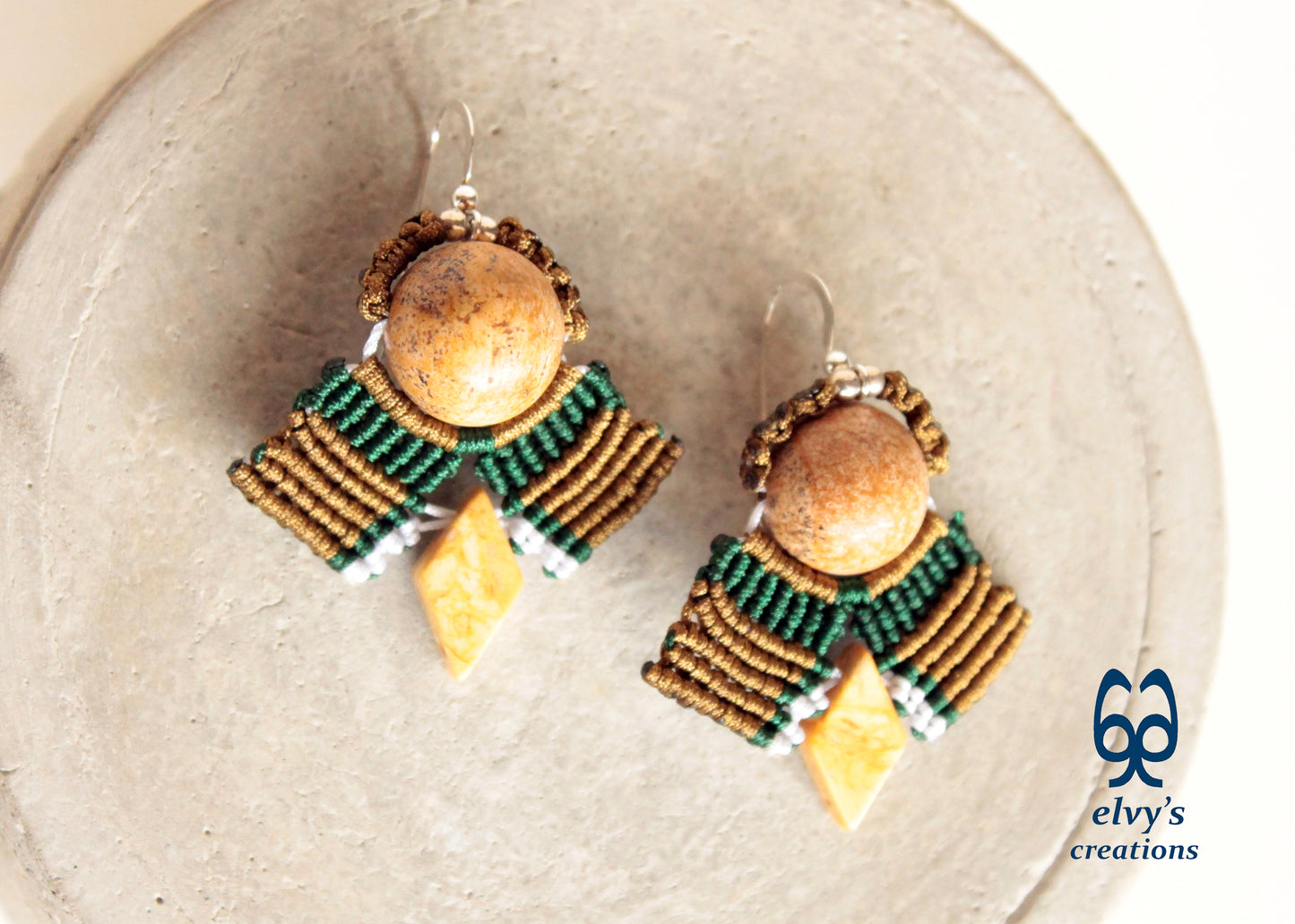 Yellow Agate Macrame Earrings, Green and Gold Dangle Gemstone Beaded Earrings, Unique Birthday Gift for Women