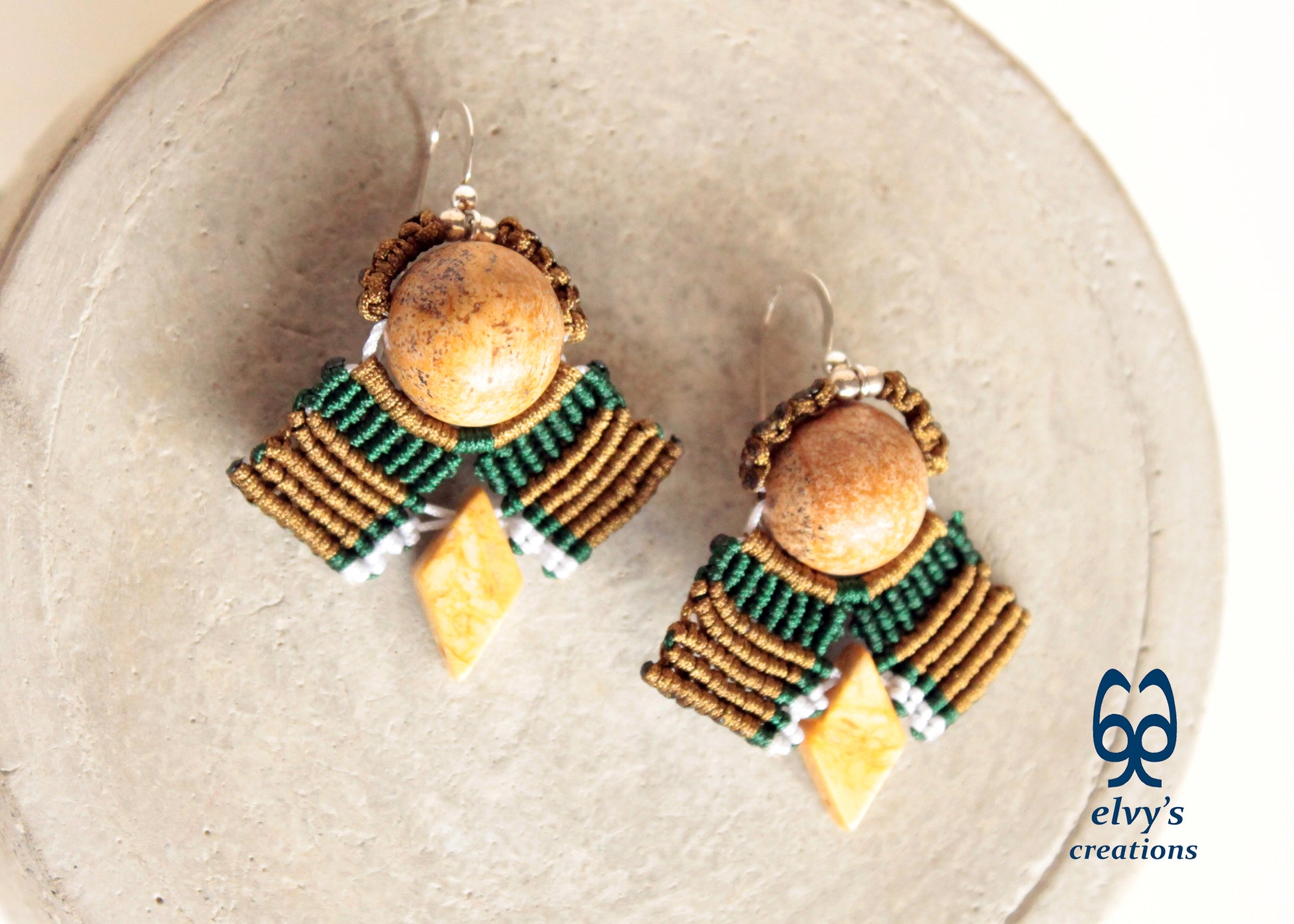 Yellow Agate Macrame Earrings, Green and Gold Dangle Gemstone Beaded Earrings, Unique Birthday Gift for Women