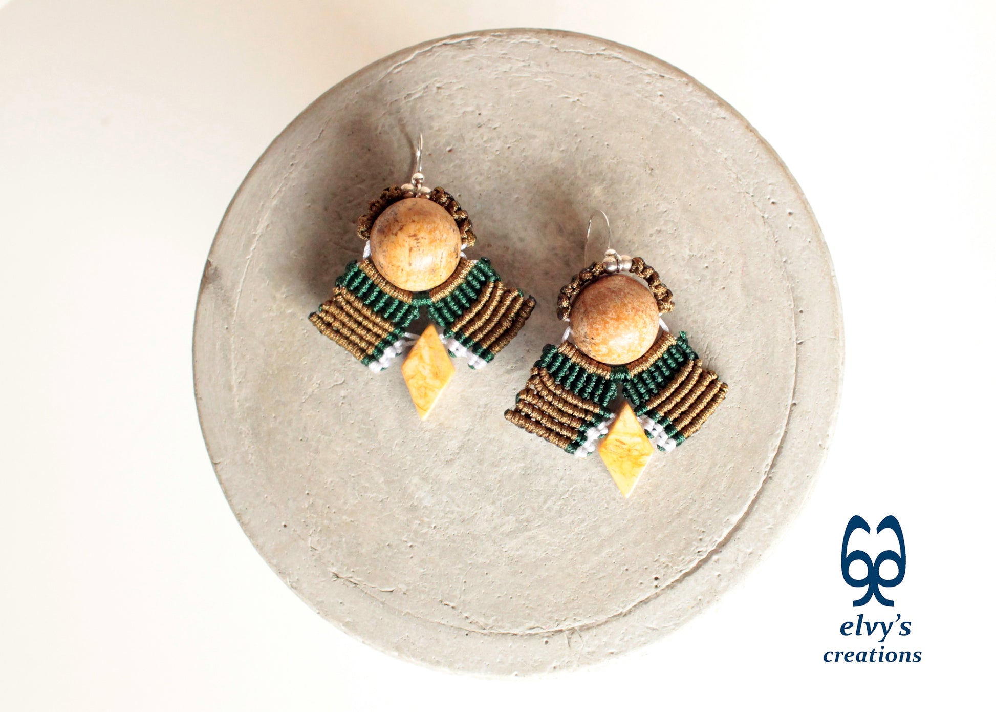 Yellow Agate Macrame Earrings, Green and Gold Dangle Gemstone Beaded Earrings, Unique Birthday Gift for Women