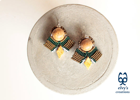 Yellow Agate Macrame Earrings, Green and Gold Dangle Gemstone Beaded Earrings, Unique Birthday Gift for Women