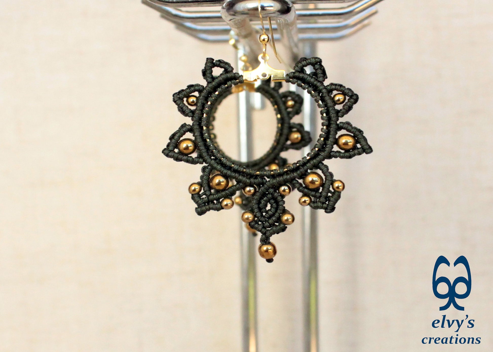 Khaki Green Gold Macrame Earrings, Hematite Dangle Gemstone Beads Earrings, Birthday Gift for Women