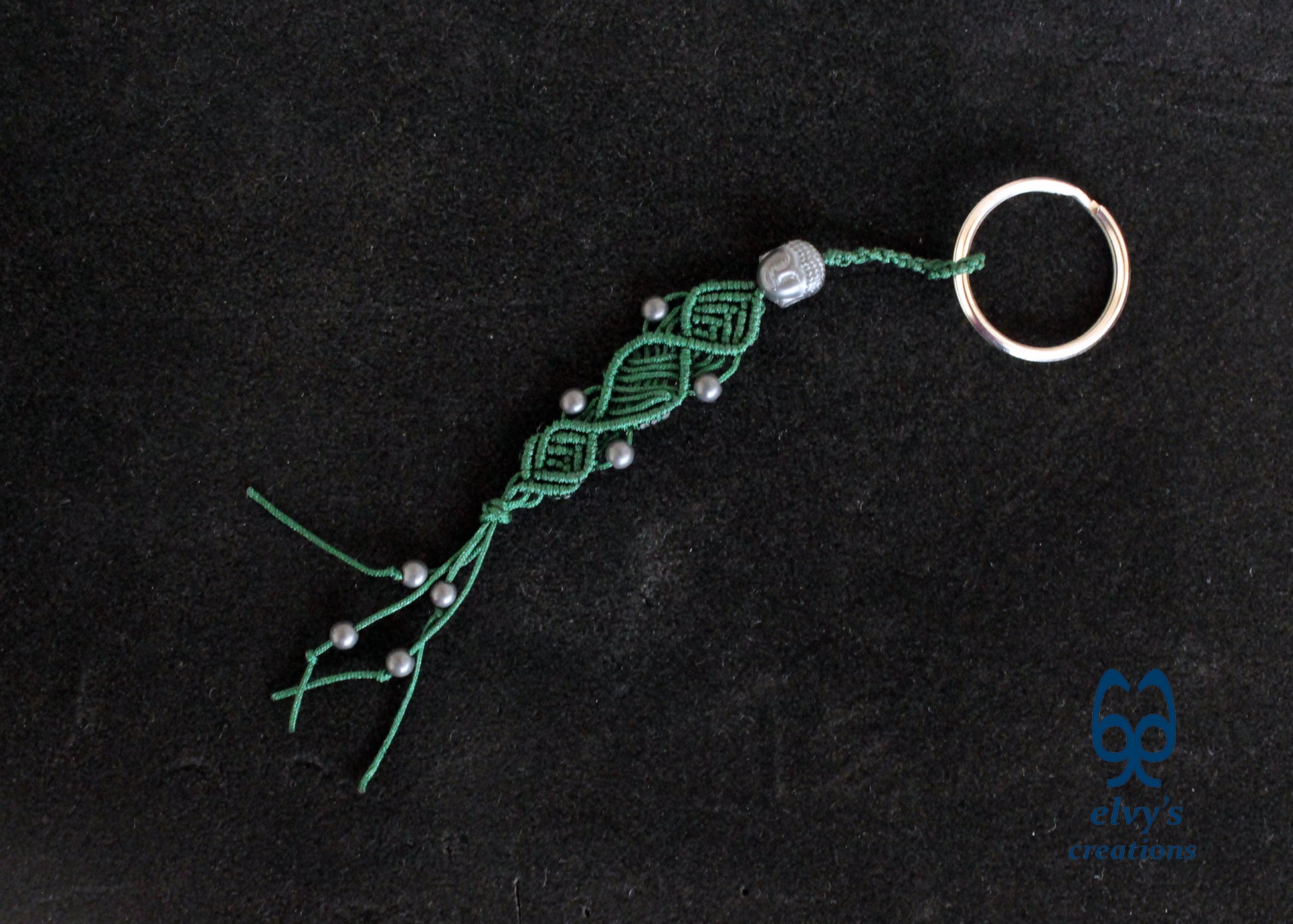 Green and Grey Macrame Key Chain Buddha Key Chain Housewarming Gift Small Gift for Woman and Man Good Luck Charm