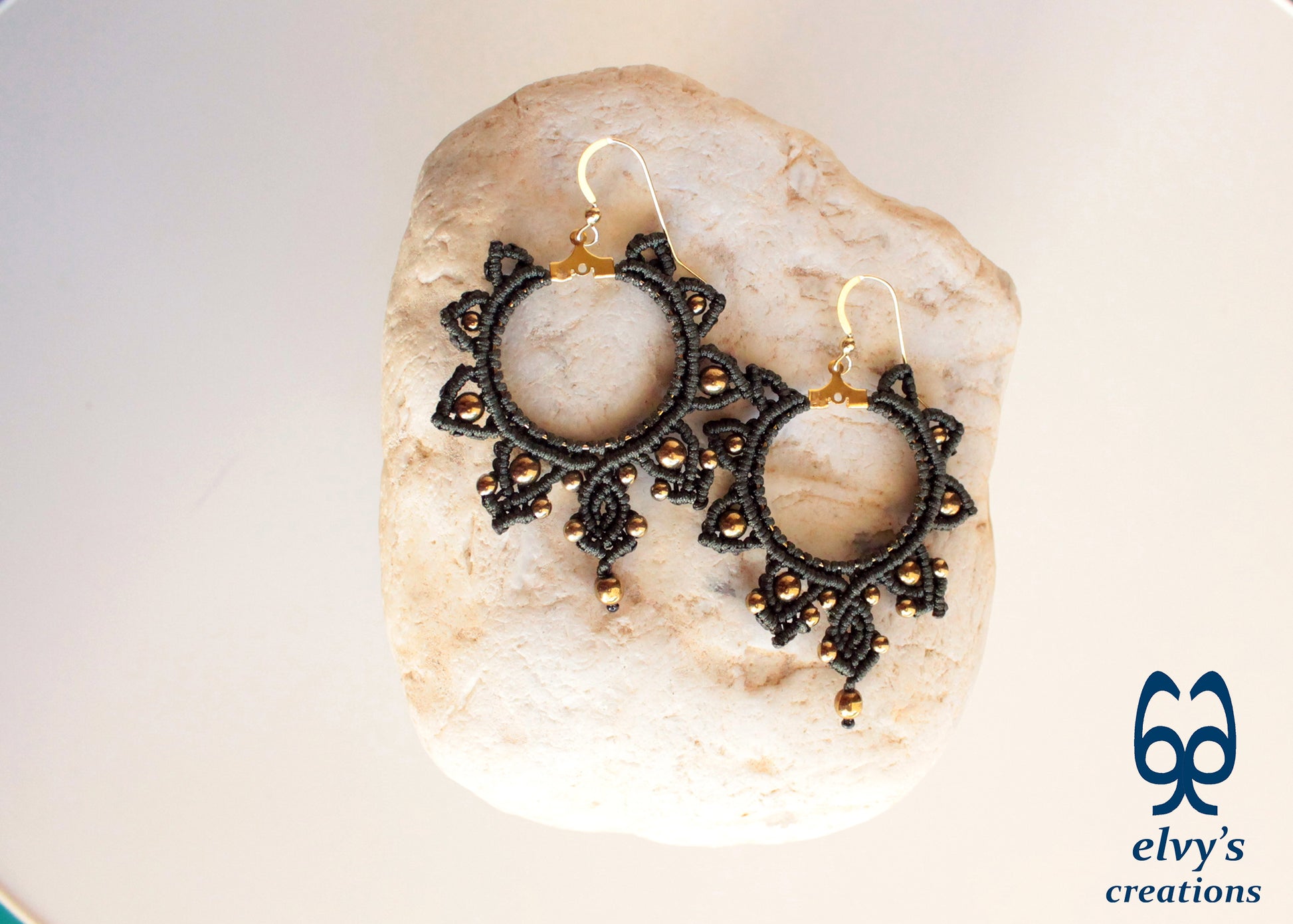 Khaki Green Gold Macrame Earrings, Hematite Dangle Gemstone Beads Earrings, Birthday Gift for Women