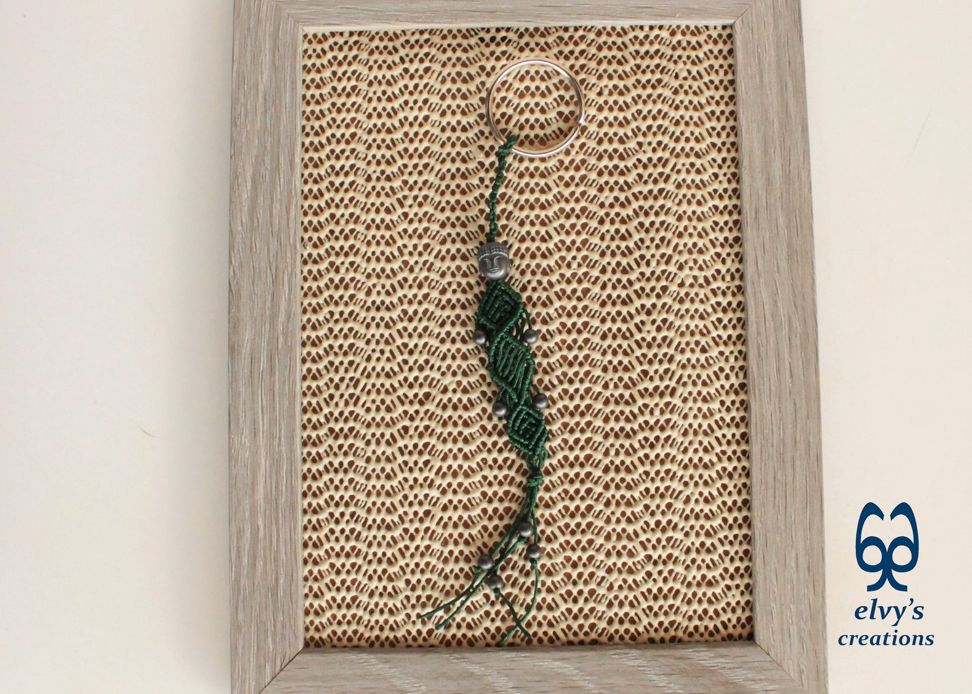 Green and Grey Macrame Key Chain Buddha Key Chain Housewarming Gift Small Gift for Woman and Man Good Luck Charm