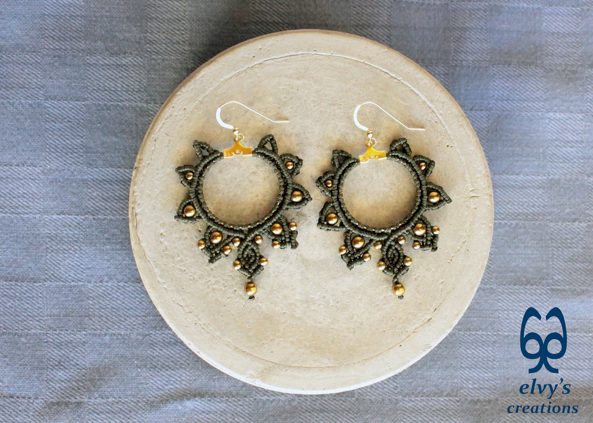 Khaki Green Gold Macrame Earrings, Hematite Dangle Gemstone Beads Earrings, Birthday Gift for Women